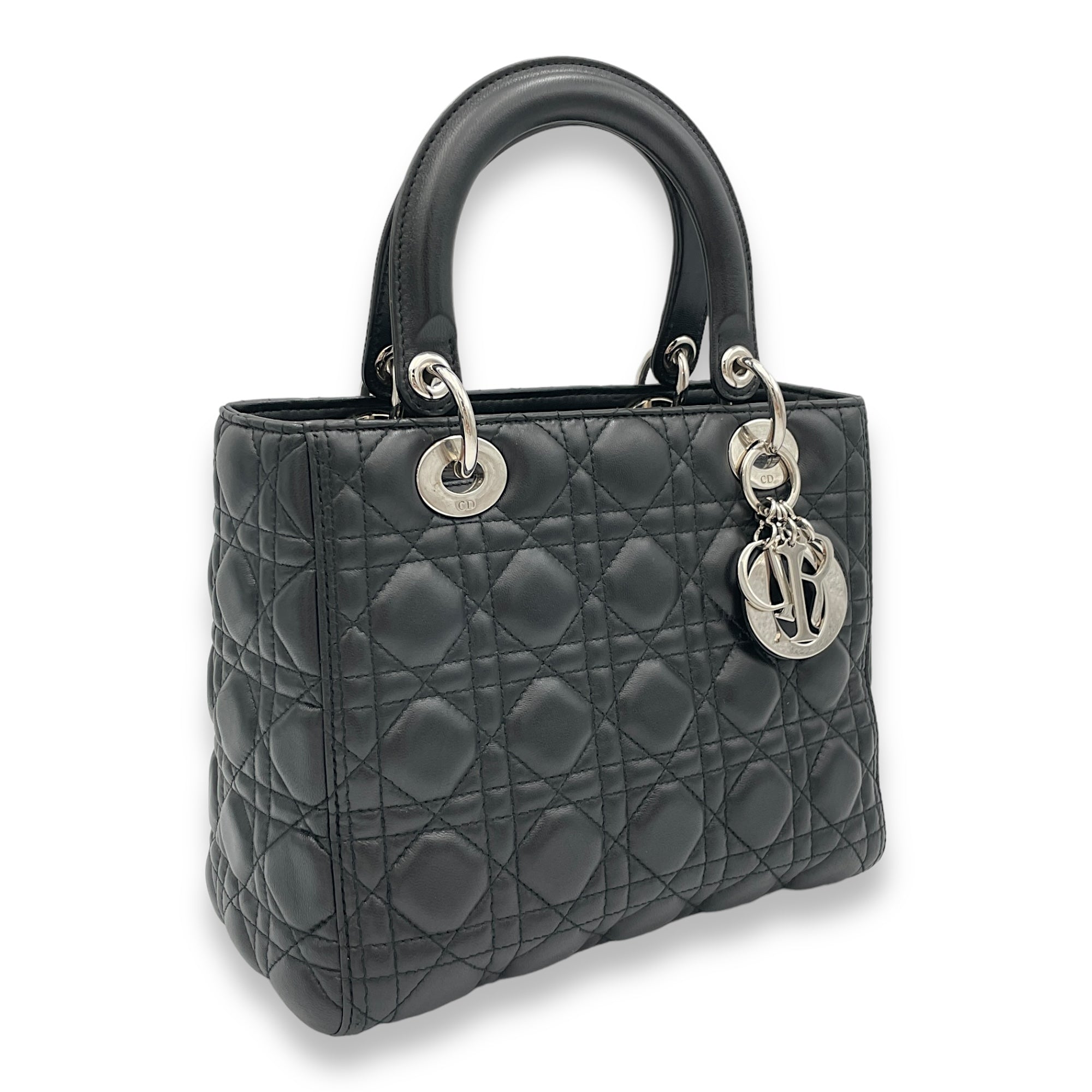 Lady Dior Top Handle Bag Medium Black in Lambskin, Silver hardware