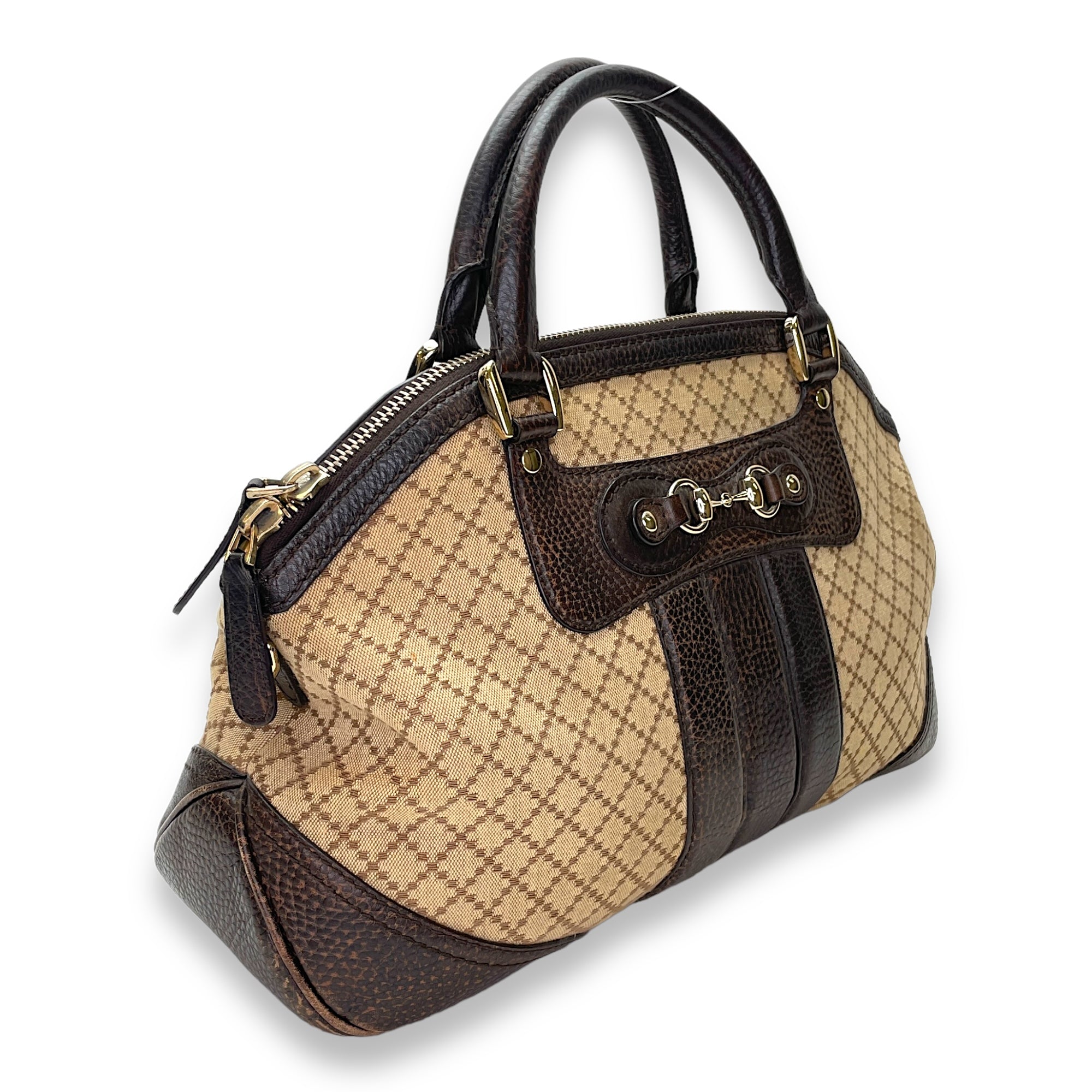 Horsebit Shoulder Bag Brown in Jacquard, Gold hardware