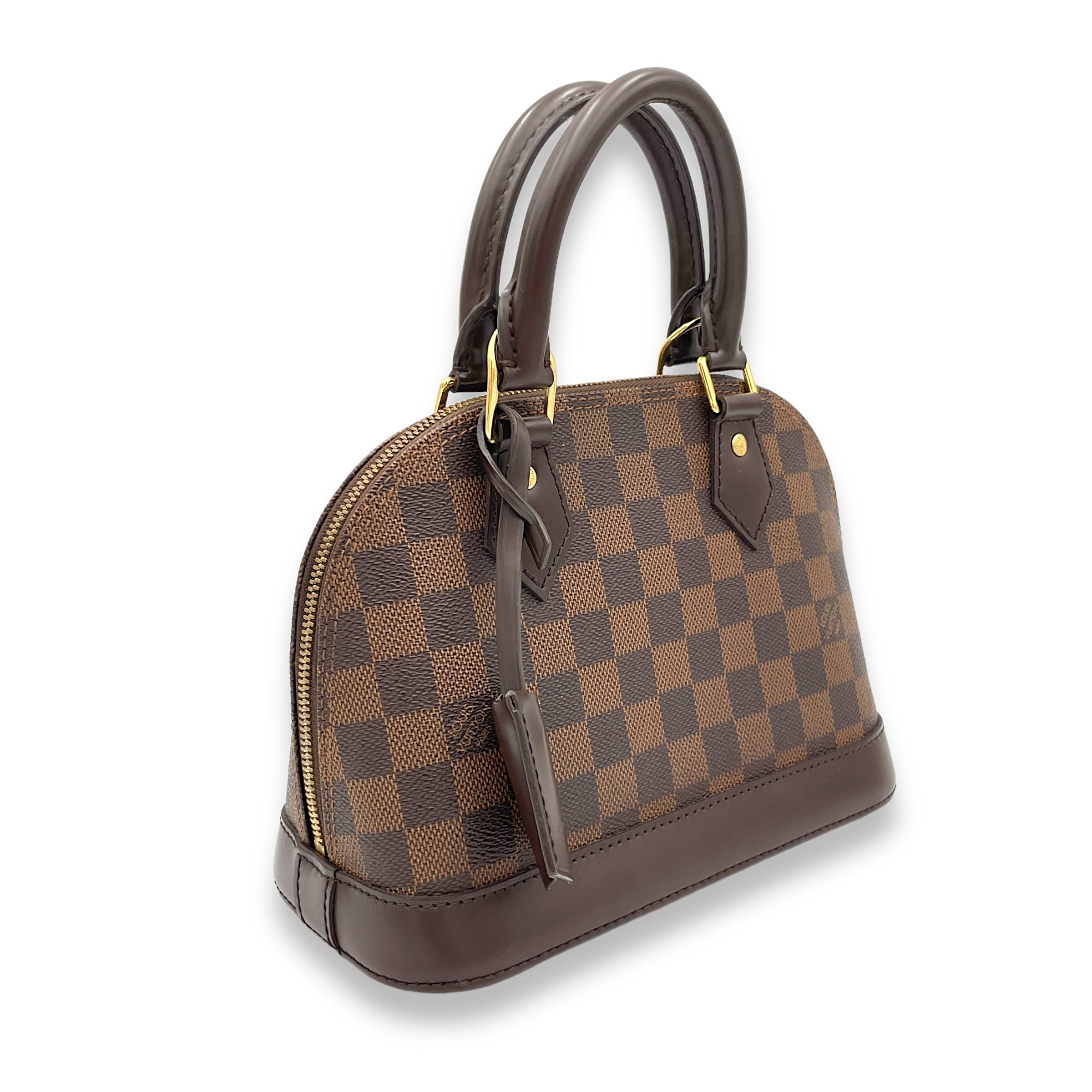 Alma BB Damier Ebene Top Handle Bag in Coated Canvas, Gold hardware