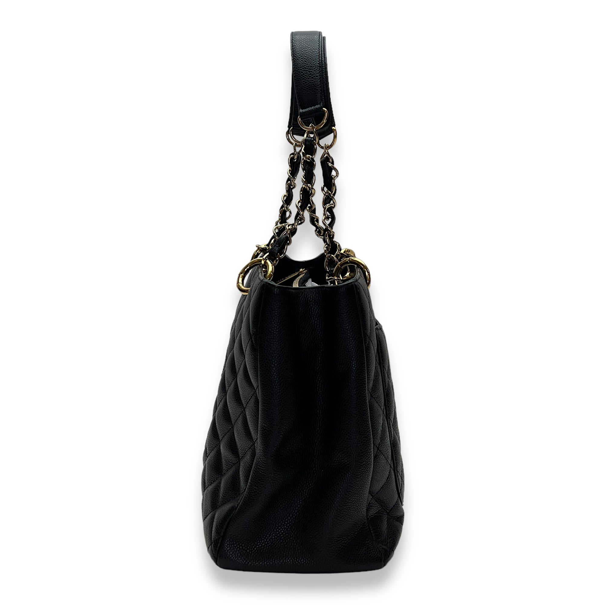 GST Grand Shopping Tote Large Black Shoulder Bag in Caviar Leather, Gold hardware