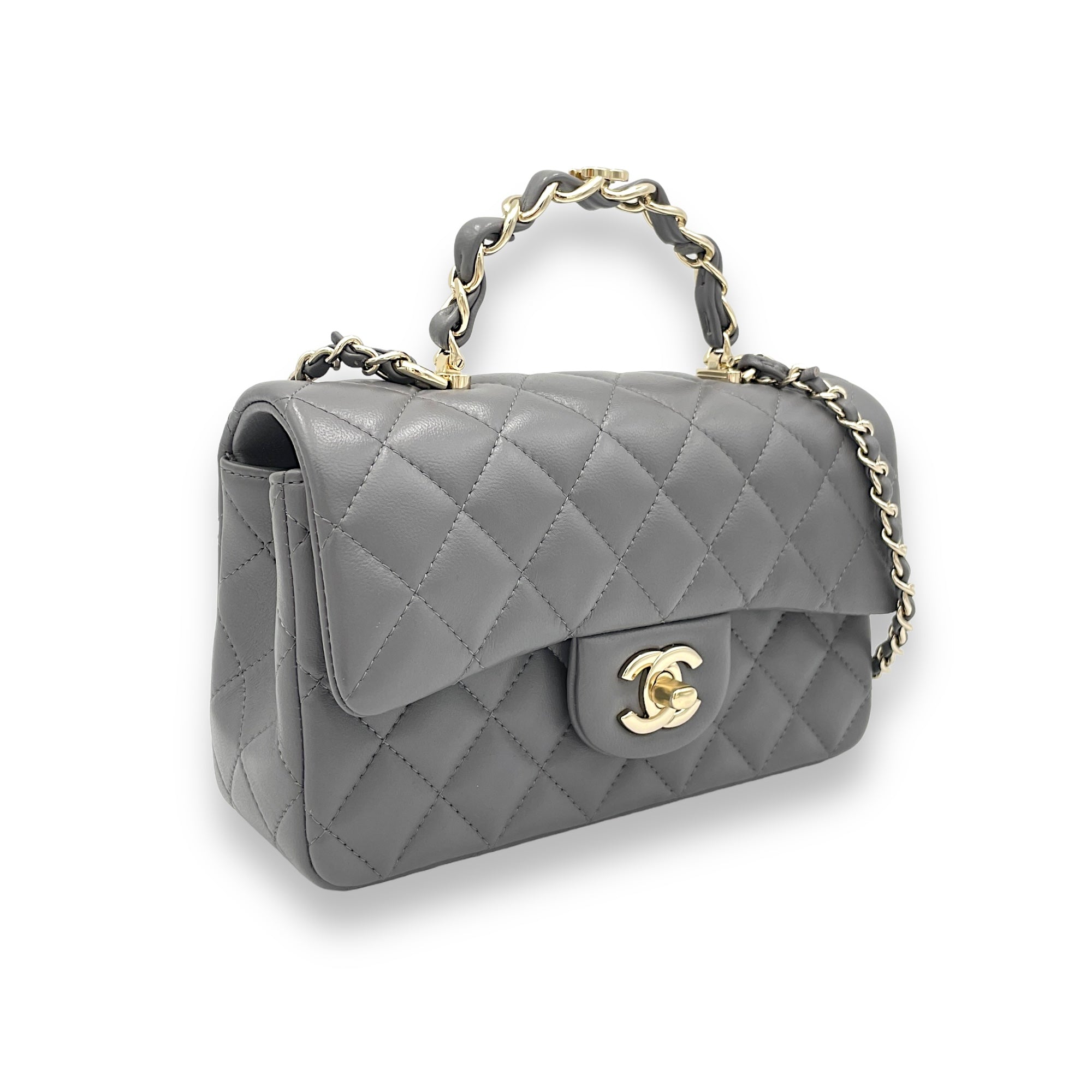 Classic Flap Rectangle Grey Top Handle Bag in Lambskin, Light Gold hardware