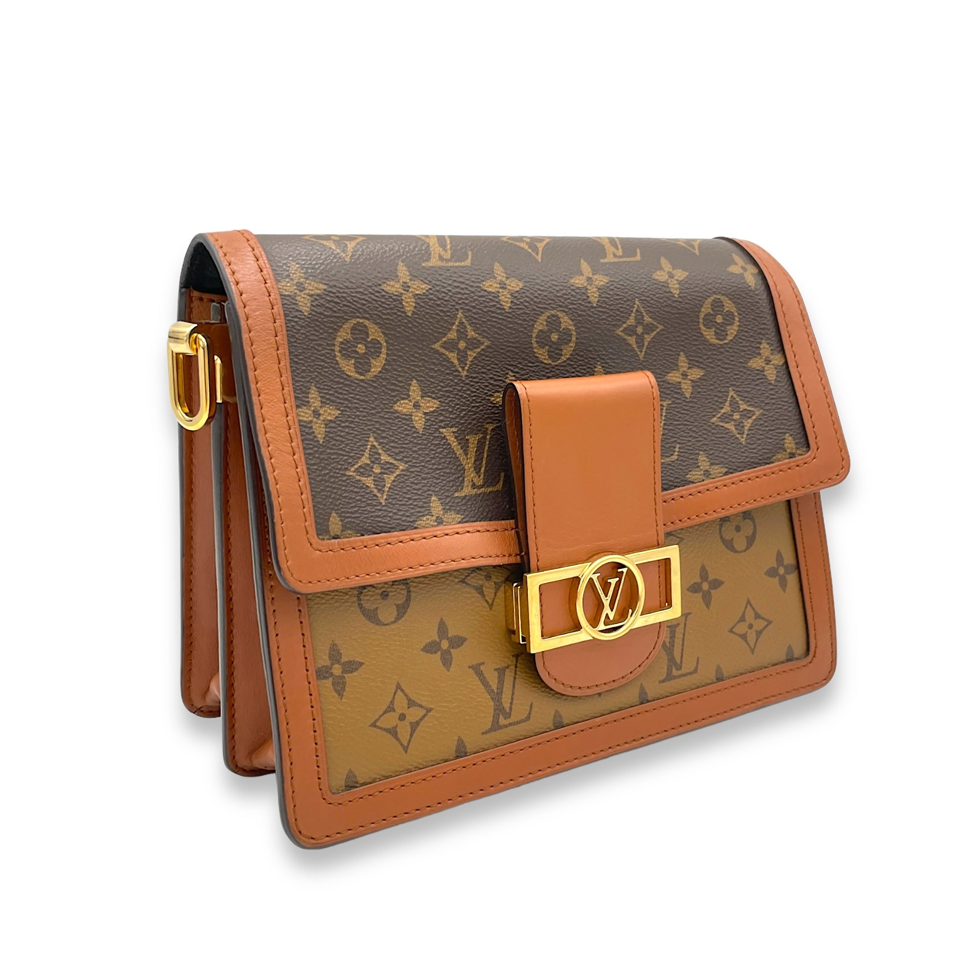 Dauphine MM Brown Crossbody Bag in Monogram Coated Canvas, Gold hardware