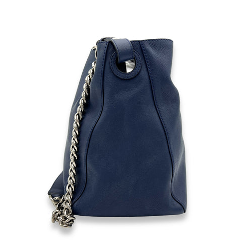 V Bucket Navy Shoulder Bag in Calfskin, Silver hardware