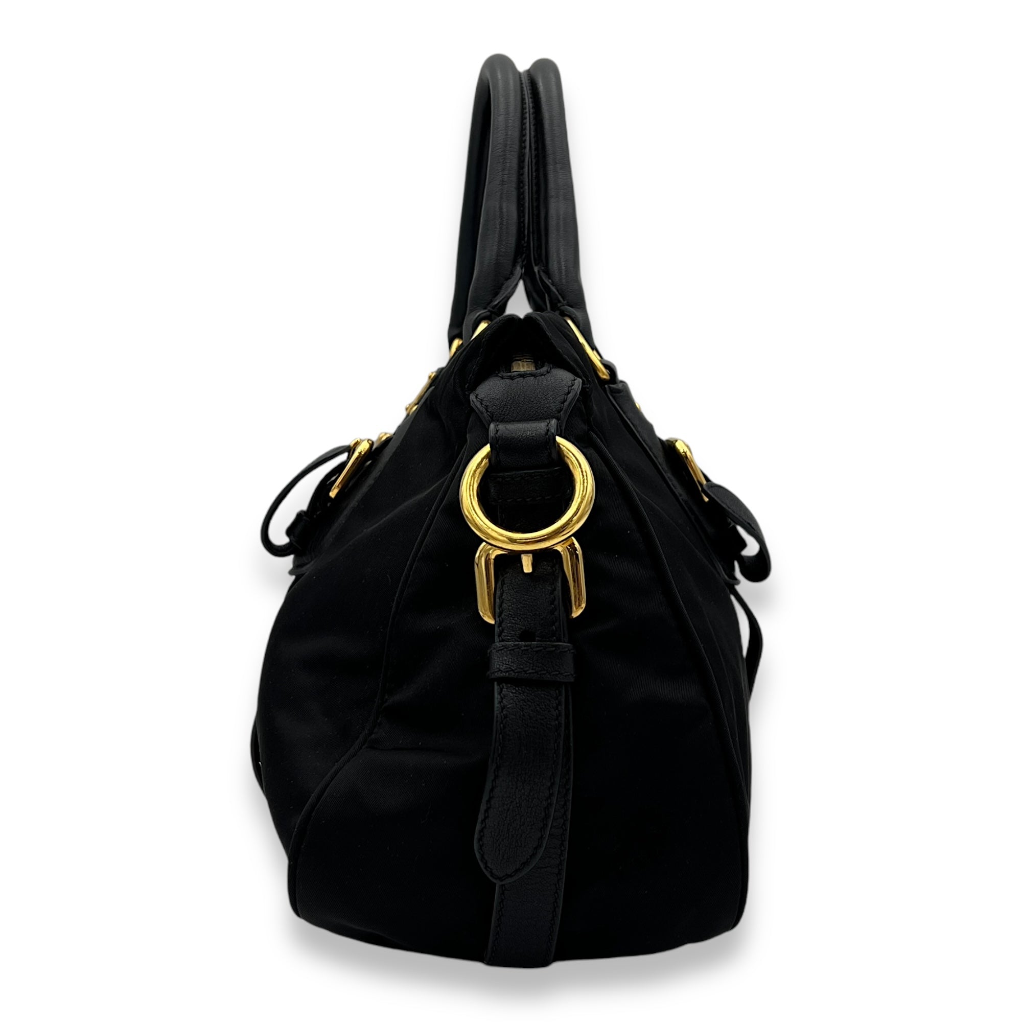 Two-Way Black Top Handle Bag in Nylon, Gold hardware