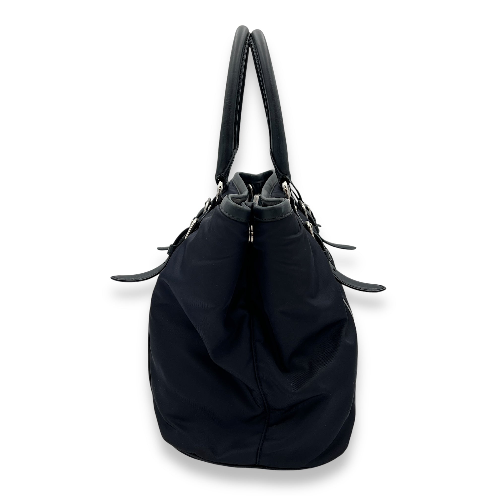 Two-Way Blue Top Handle Bag in Nylon, Silver hardware