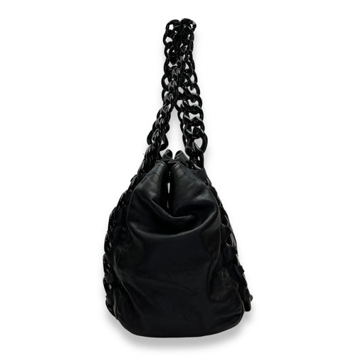 Modern Chain Rhodoid East West Black Shoulder Bag in Calfskin, Lacquered Metal hardware