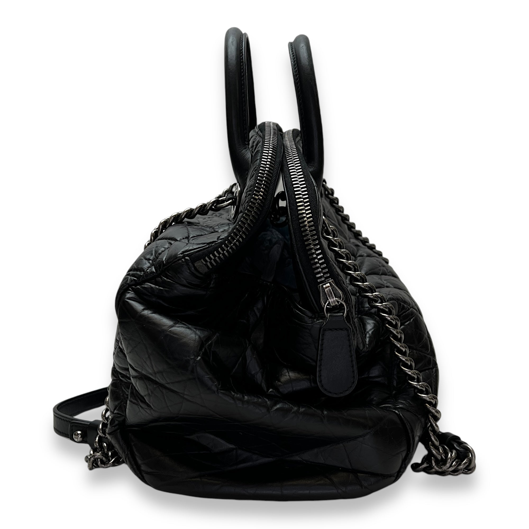 Bowler Shopper Black Shoulder Bag in Calfskin, Ruthenium hardware