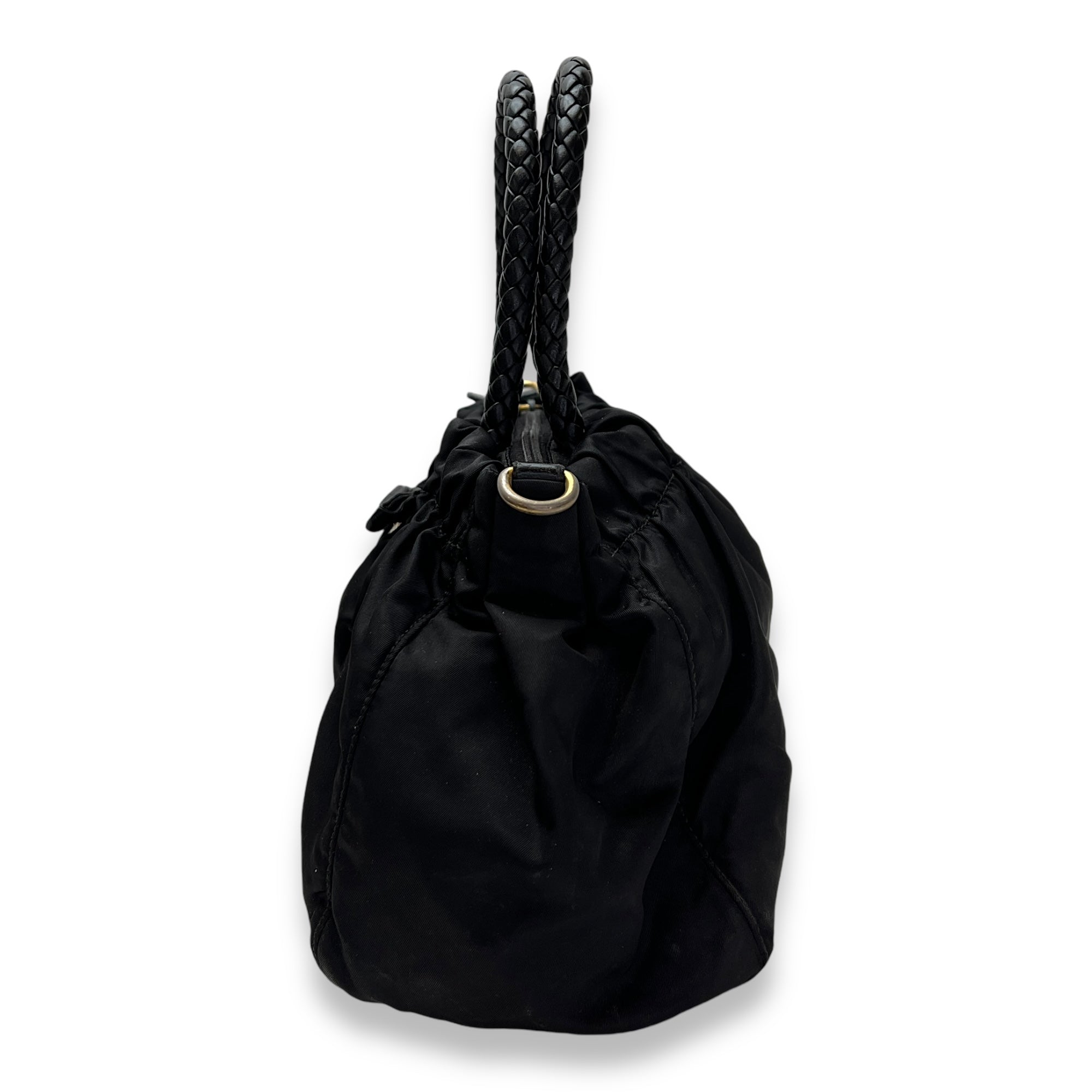 Braided Top Handle Bag Black in Nylon, Gold hardware