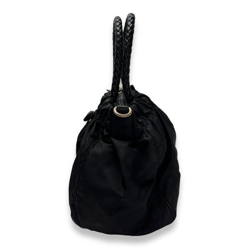 Braided Top Handle Bag Black in Nylon, Gold hardware