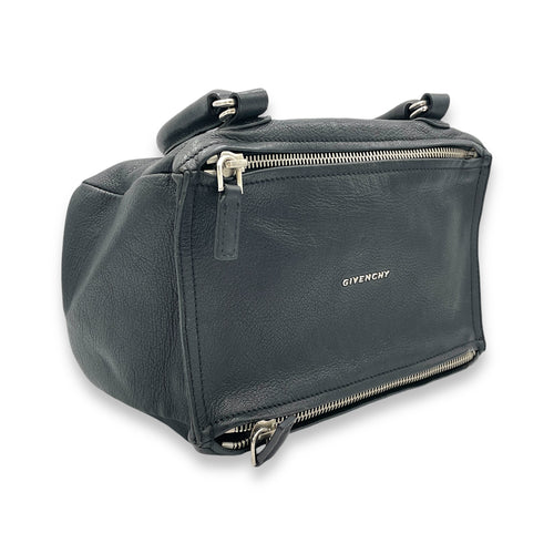 Pandora Small Black Shoulder Bag in Goat Leather, Silver hardware