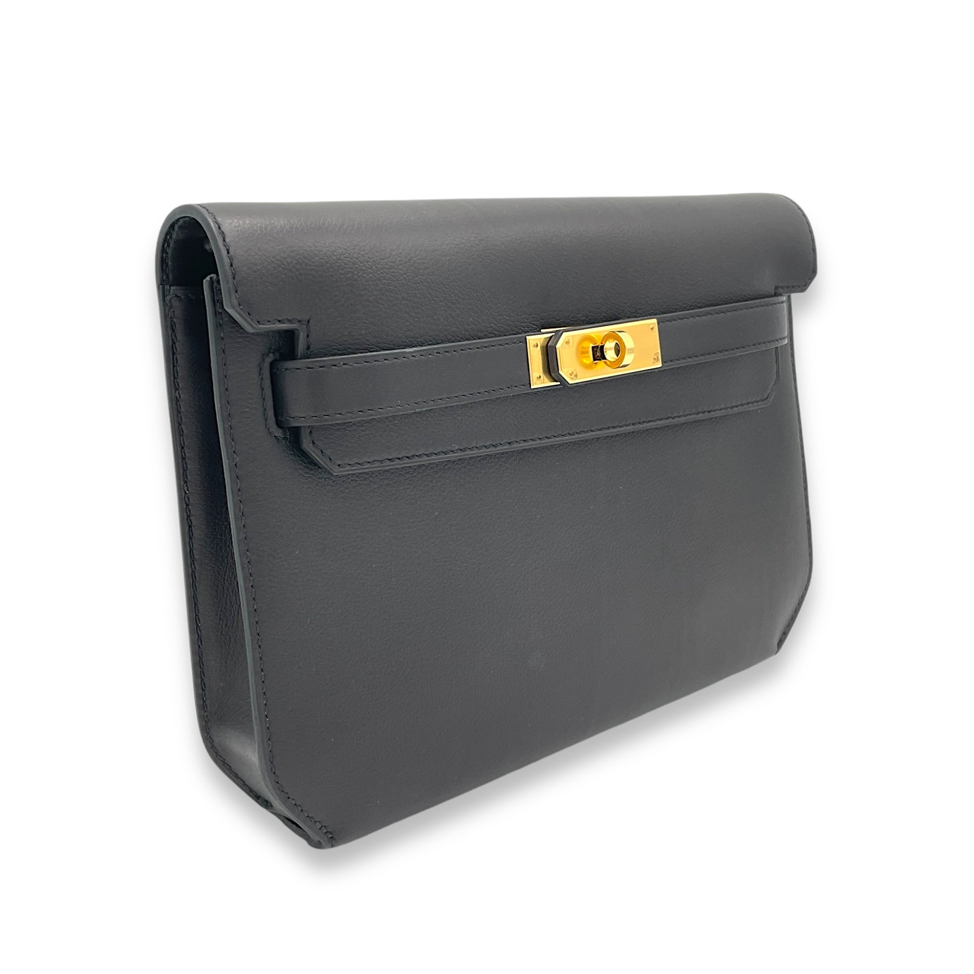 Kelly Depeches Black in Calfskin, Gold hardware