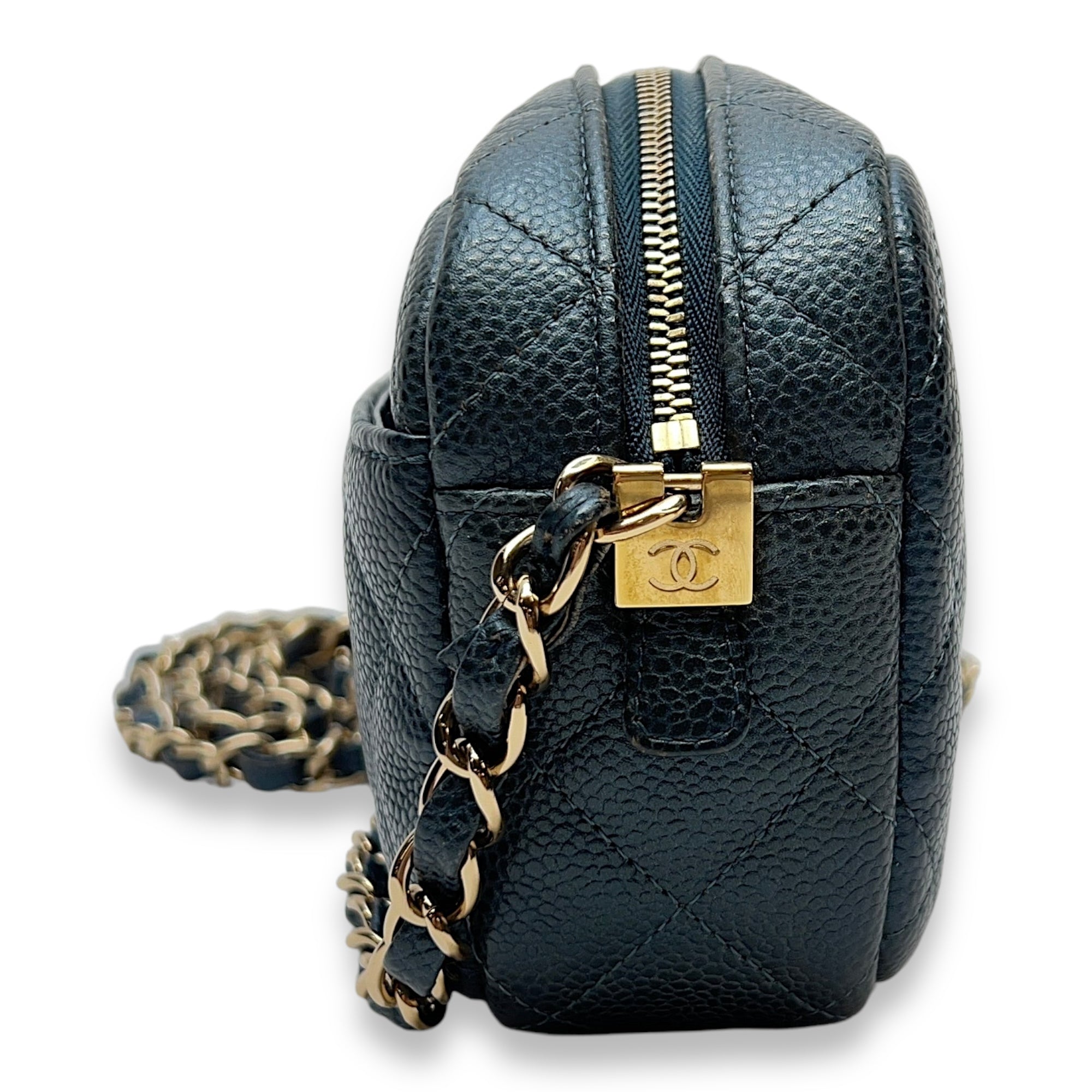 Camera Blue Crossbody Bag in Caviar Leather, Gold hardware