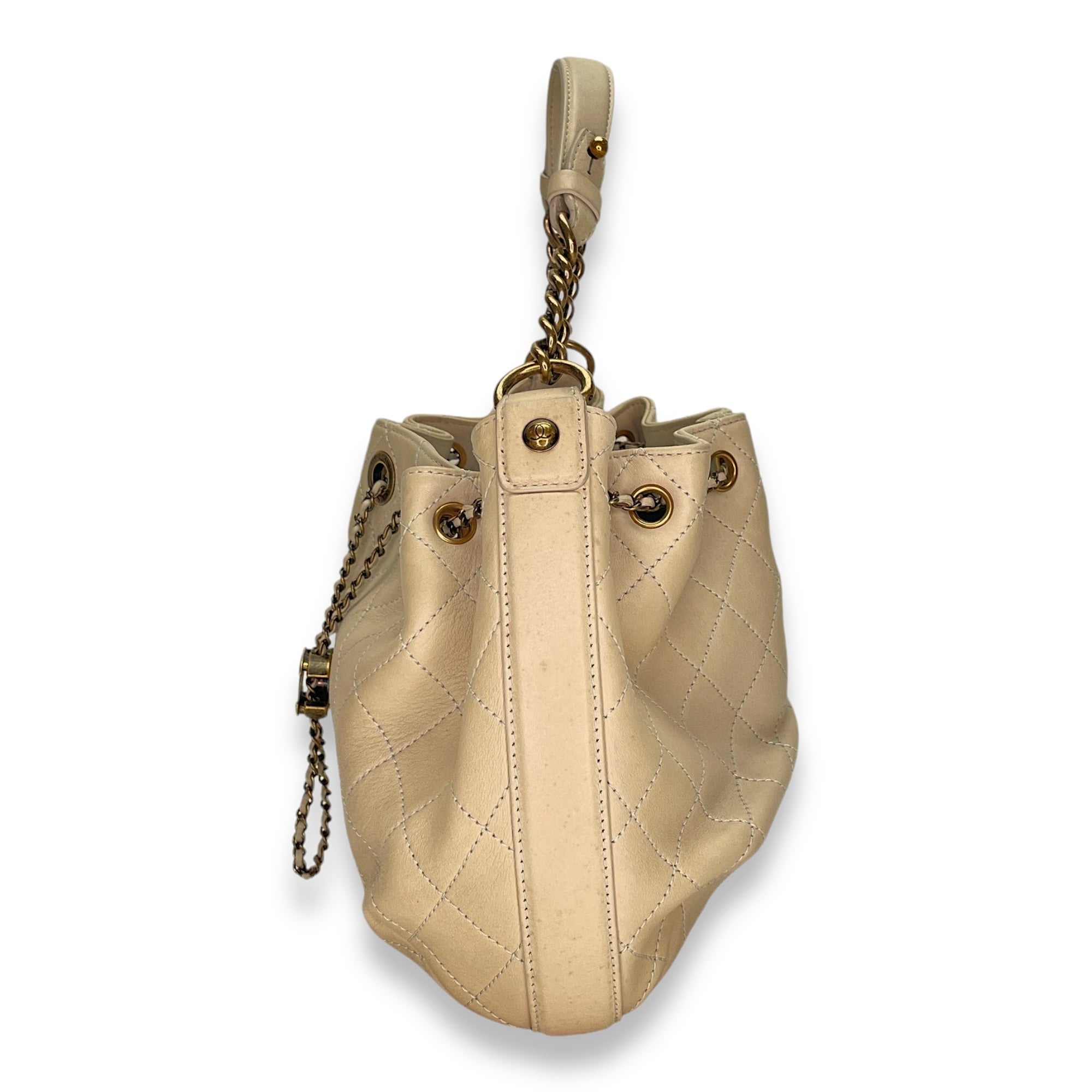 Drawstring CC Beige Bucket Bag in Calfskin, Gold hardware