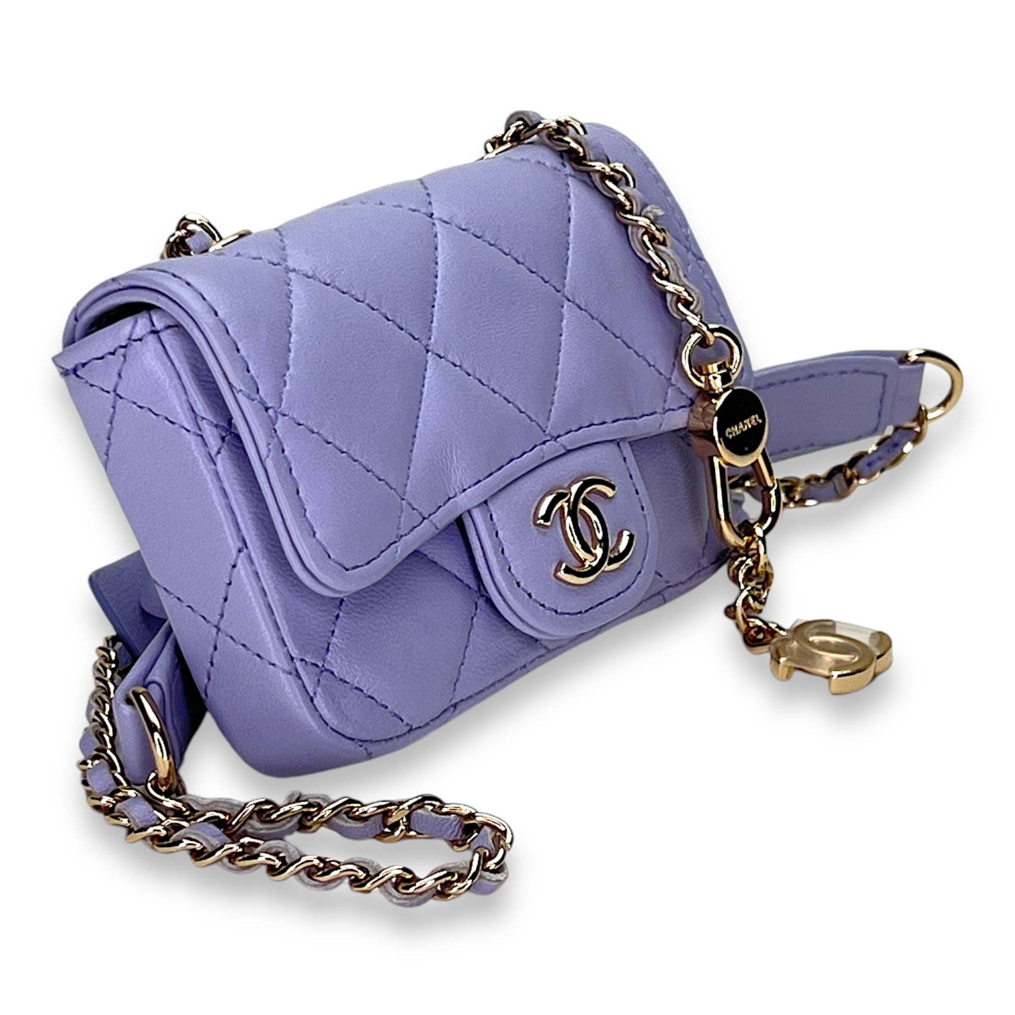 Classic Flap Chain Mini Purple Card Holder in Lambskin, Light Gold hardware