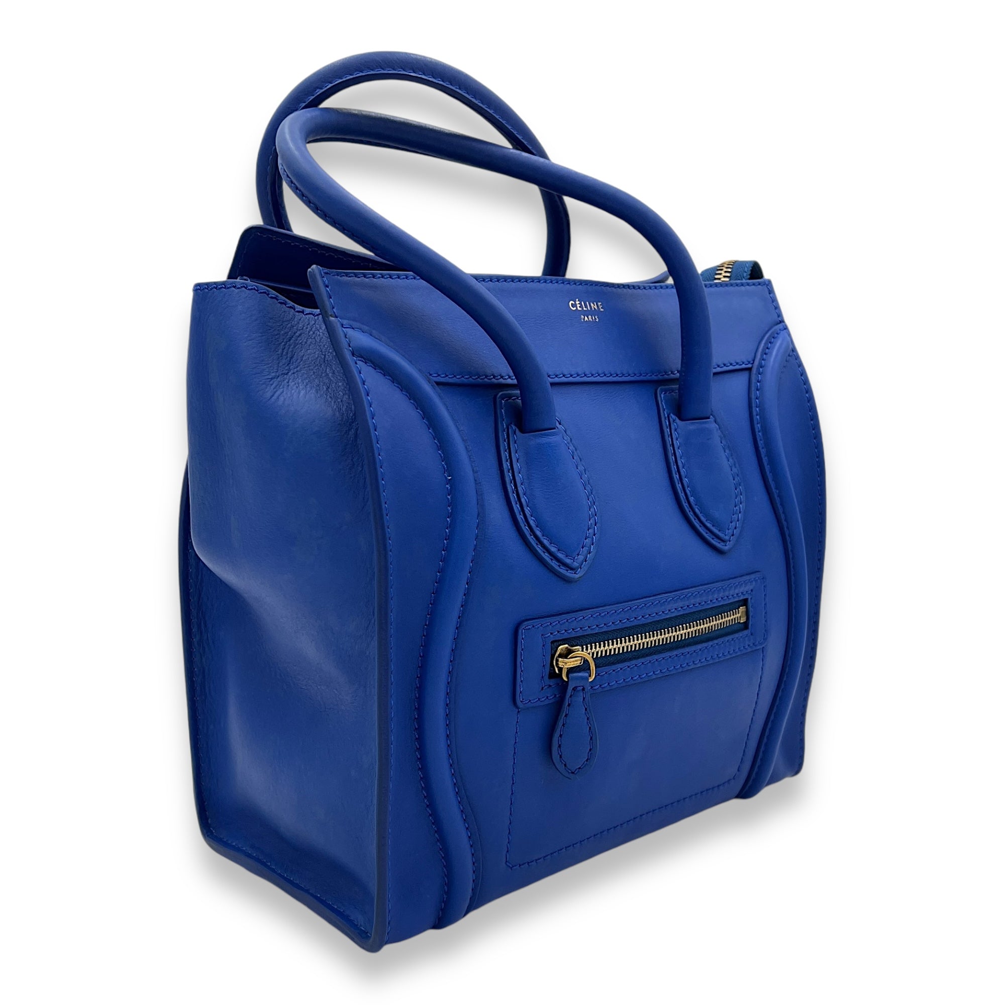 Luggage Micro Blue Top Handle Bag in Calfskin, Gold hardware