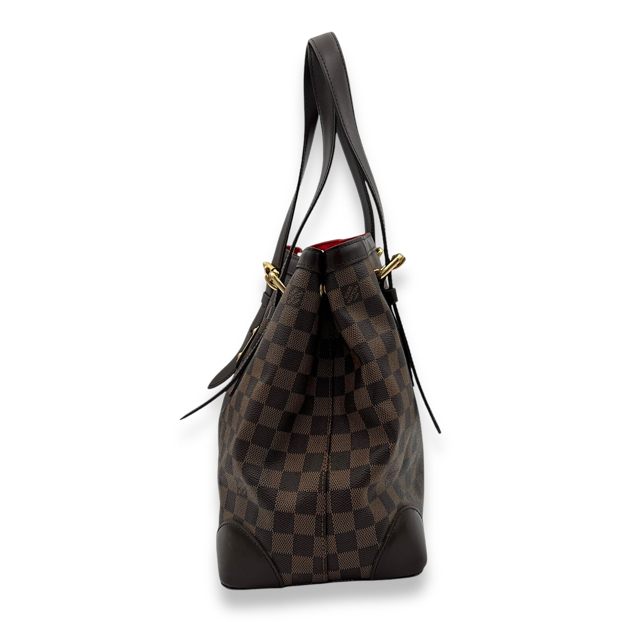 Hampstead MM Damier Ebene Top Handle Bag in Coated Canvas, Gold hardware