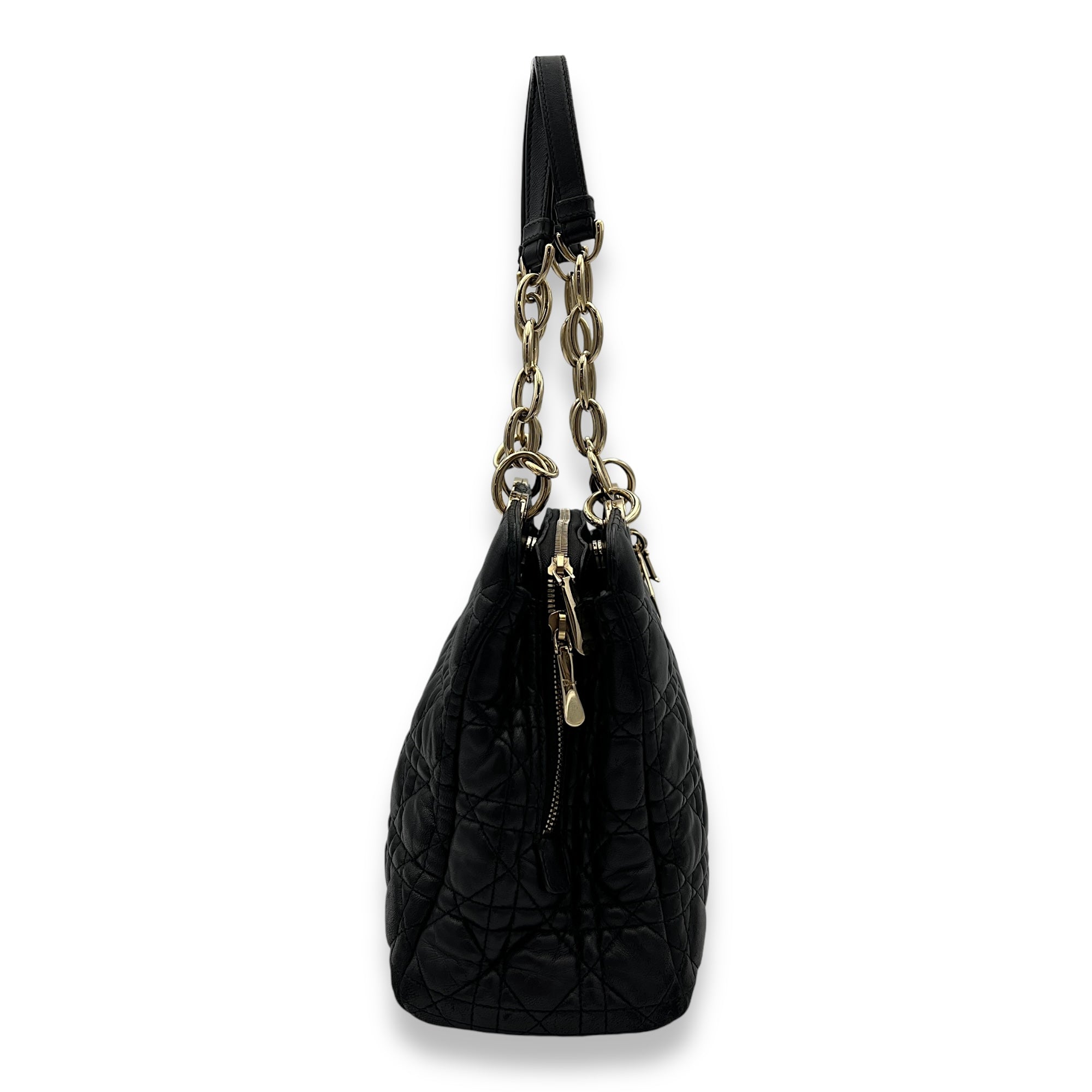 Cannage Tote Bag Black in Lambskin, Gold hardware