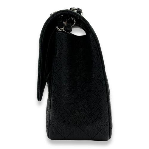 Classic Double Jumbo Black Shoulder Bag in Caviar Leather, Silver hardware