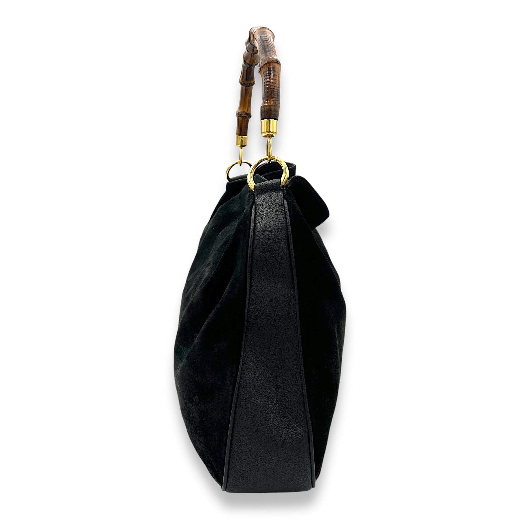 Bamboo Top Handle Bag Black in Suede Leather, Gold hardware