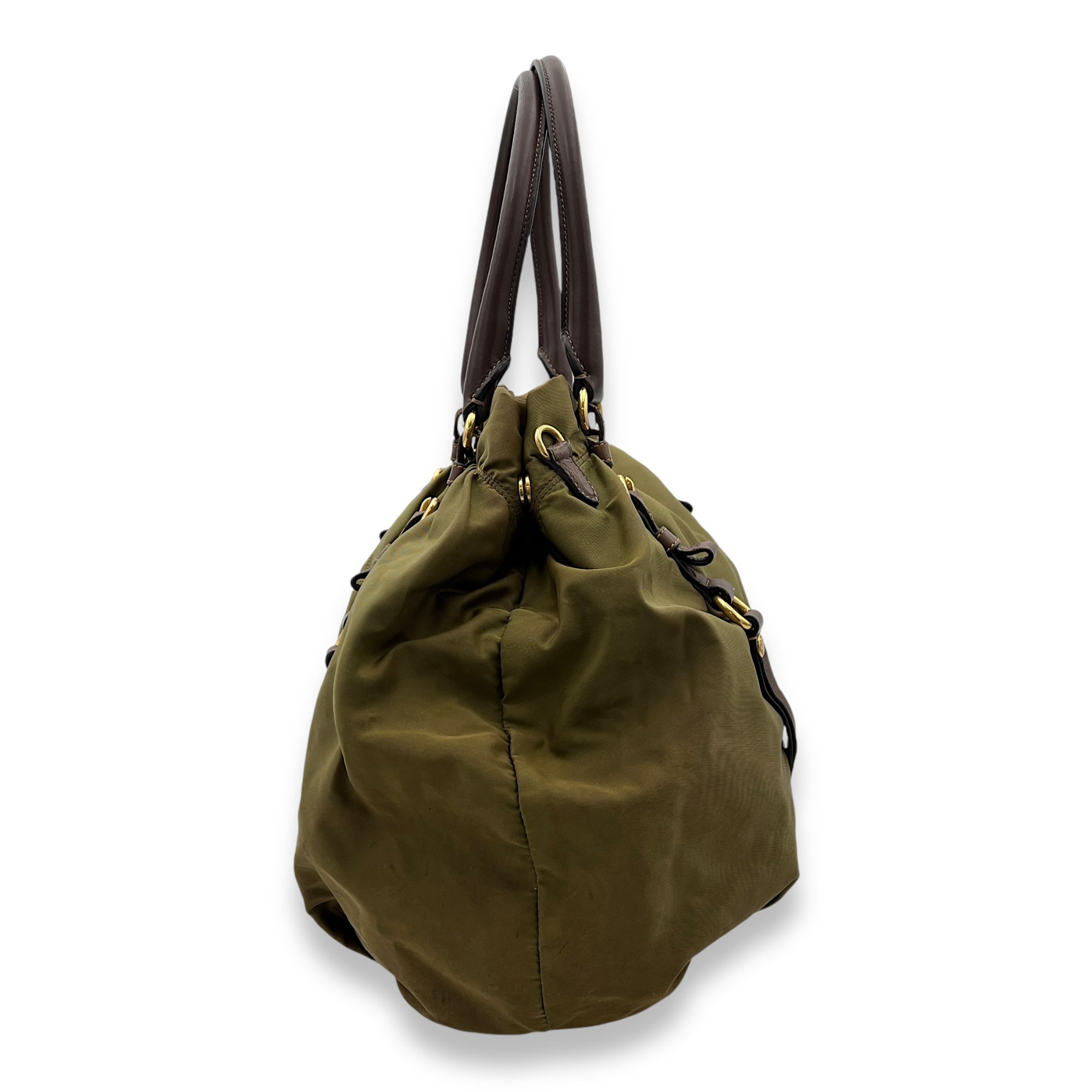 Logo Top Handle Bag Green in Nylon, Gold hardware