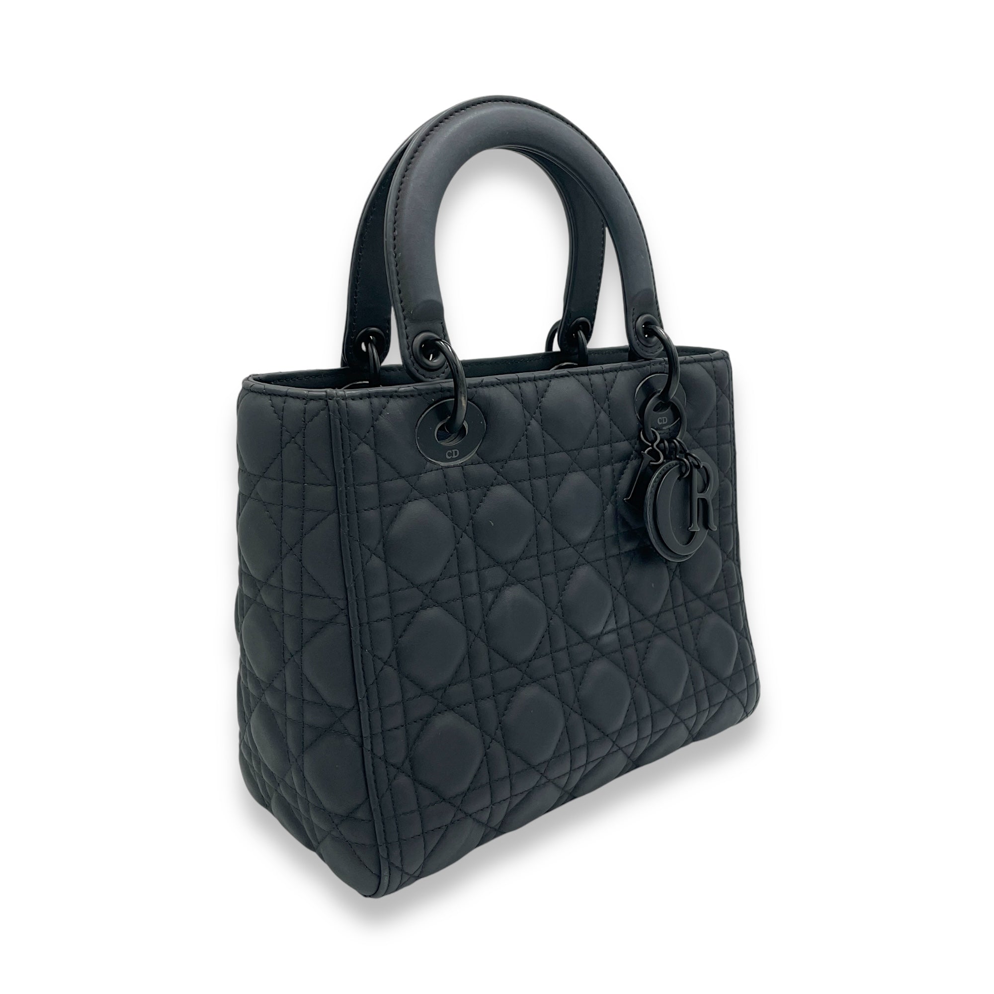 Lady Dior Top Handle Bag Medium Black in Calfskin, black hardware