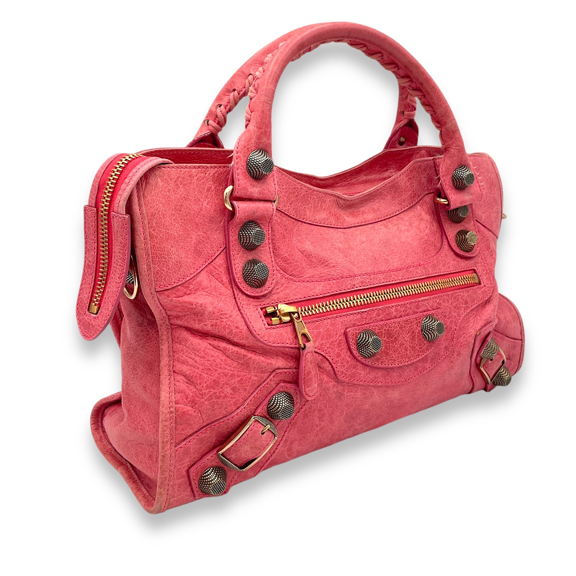 City Medium Pink Top Handle Bag in Distressed Leather, Rose Gold hardware