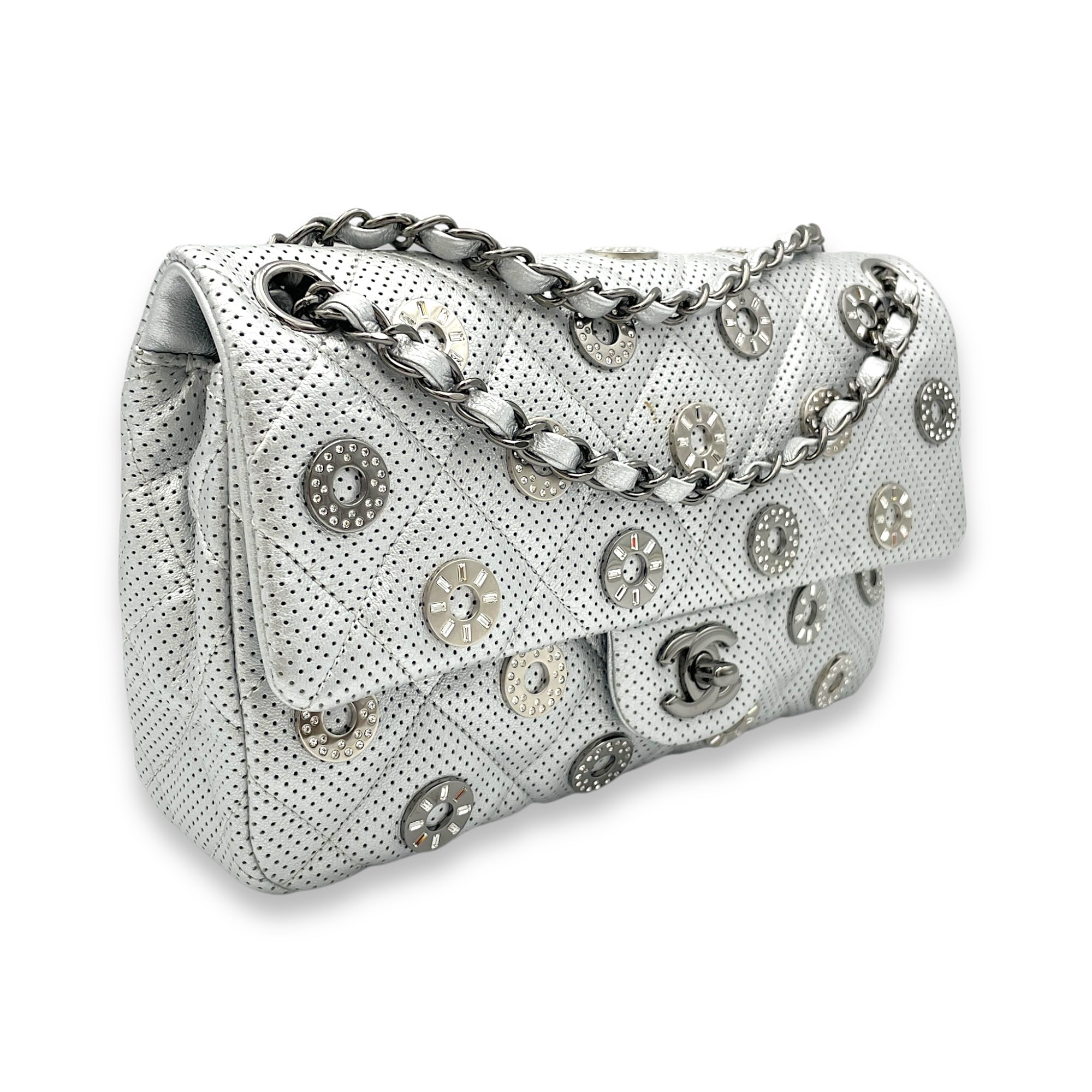 Paris Dubai Flap Silver Shoulder Bag in Perforated Lambskin, Silver hardware