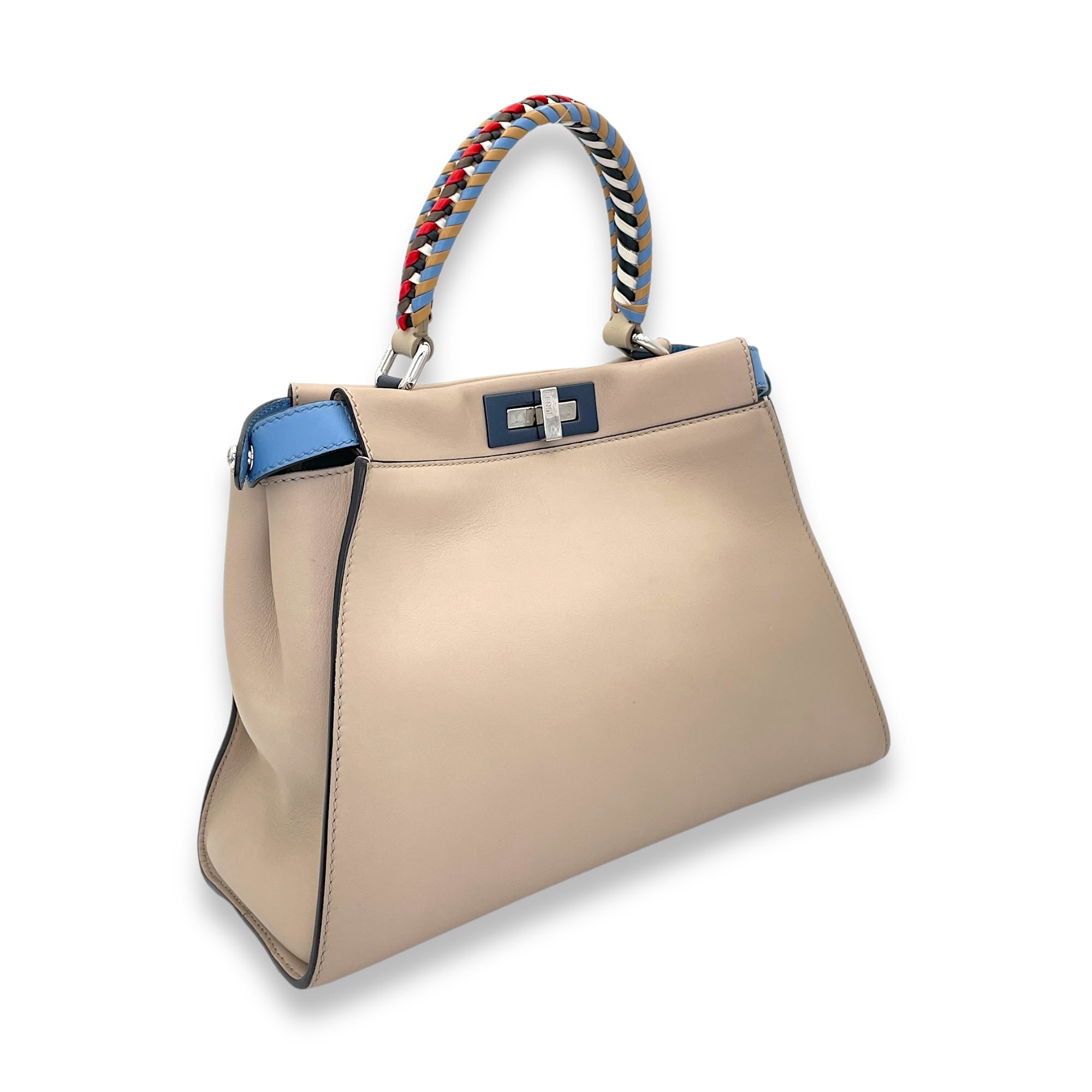 Peekaboo Medium Beige Top Handle Bag in Calfskin, Silver hardware