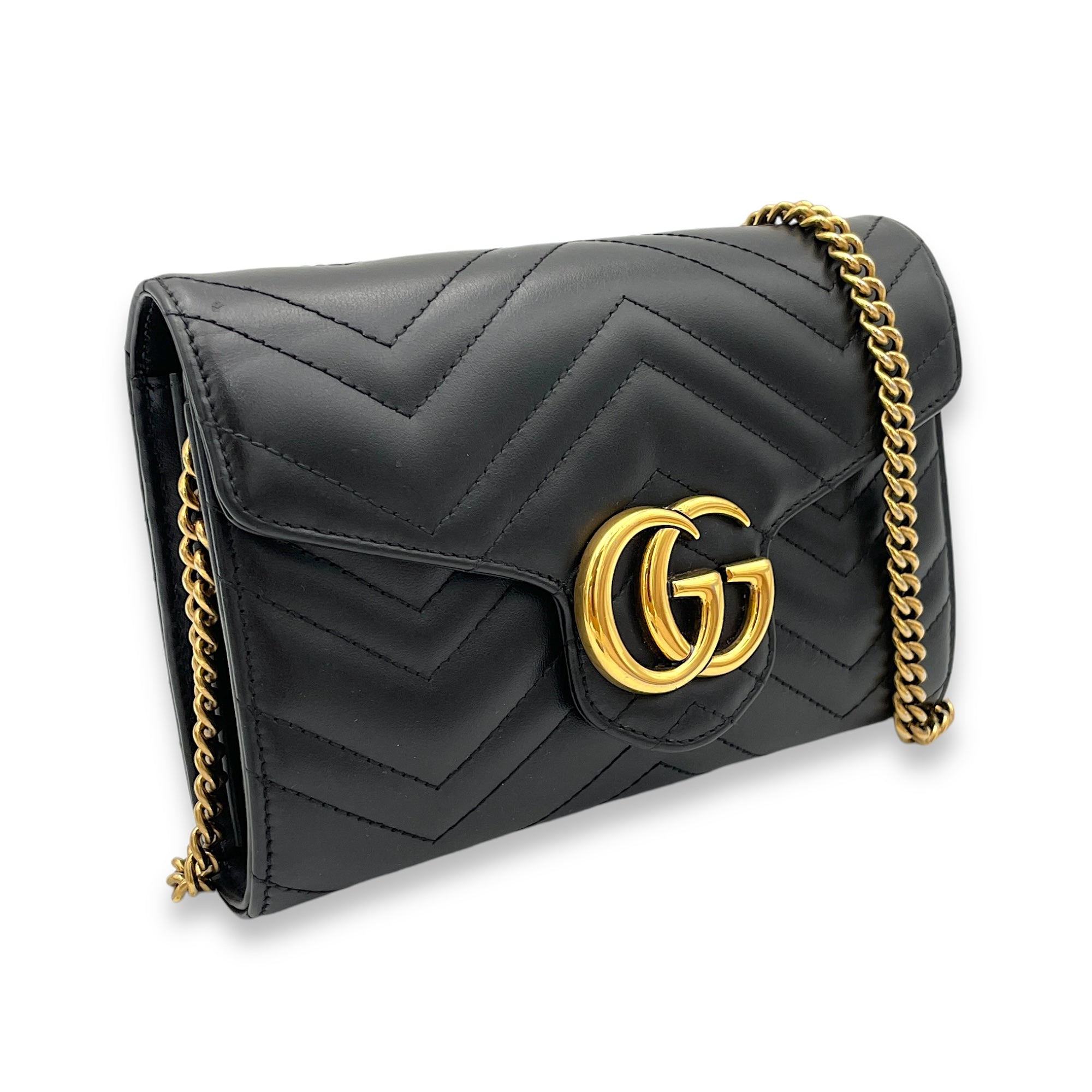 GG Marmont Small Black Wallet On Chain in Lambskin, Gold hardware