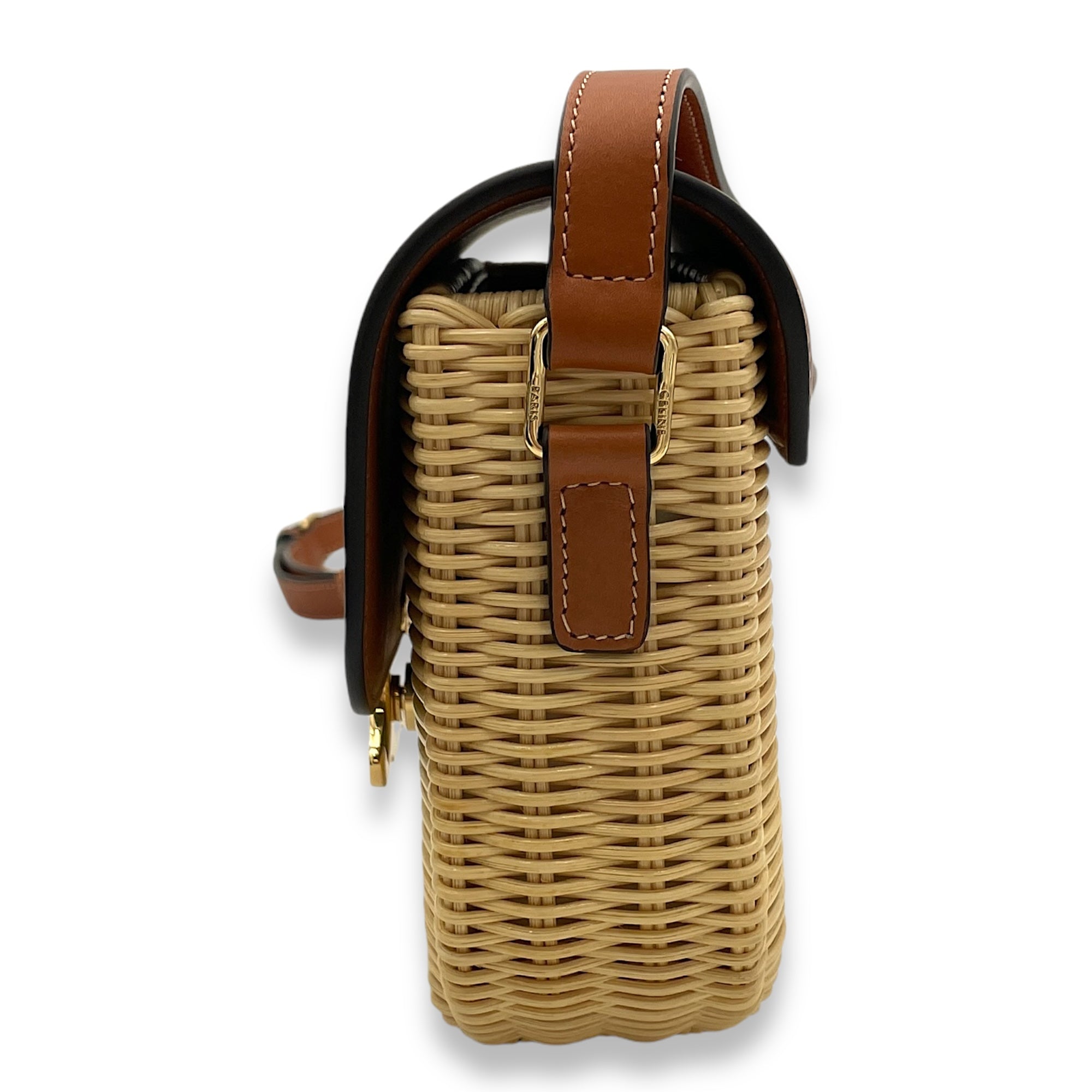 Triomphe Teen Brown Crossbody Bag in Wicker and Calfskin, Gold hardware