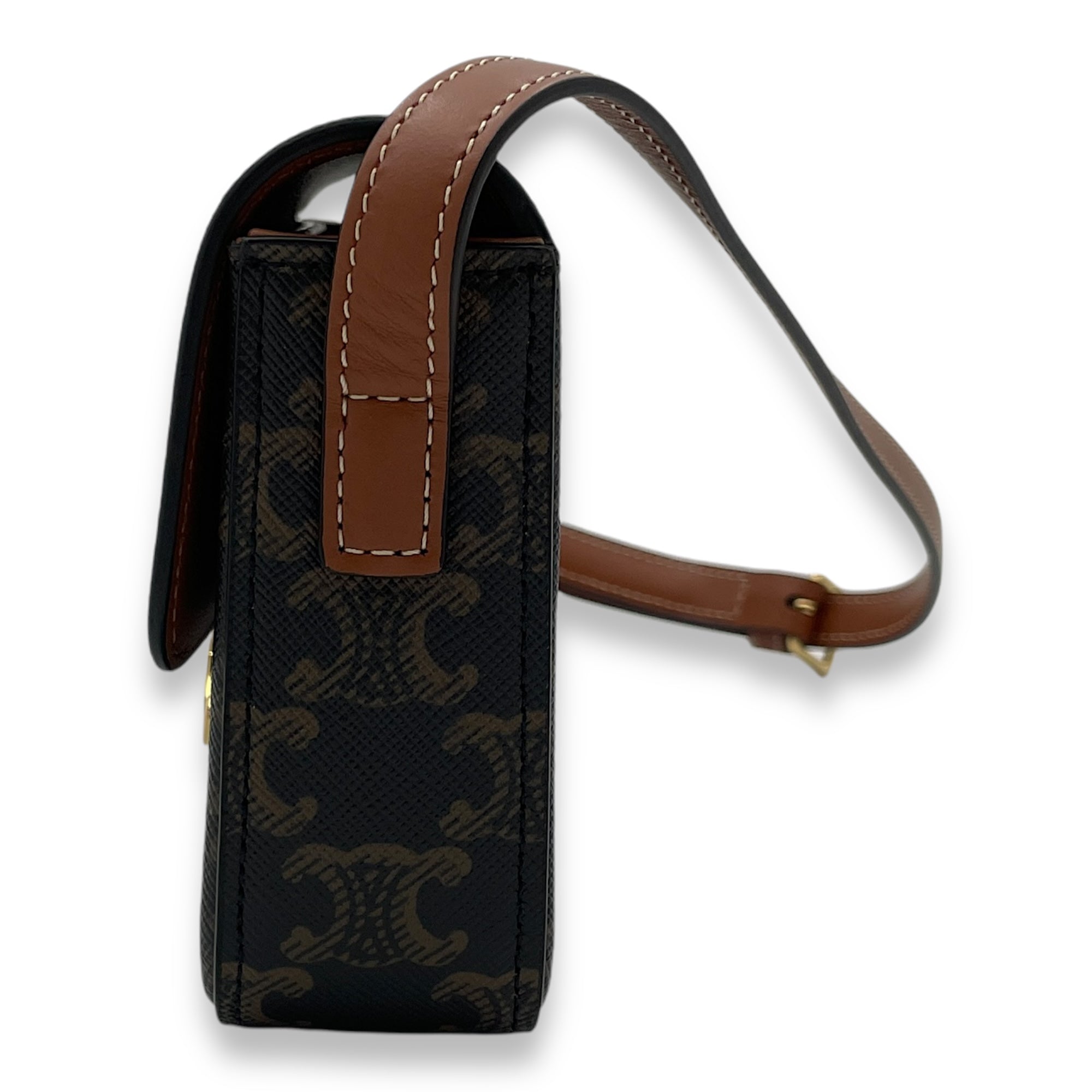 Triomphe Brown Shoulder Bag in Coated Canvas, Gold hardware