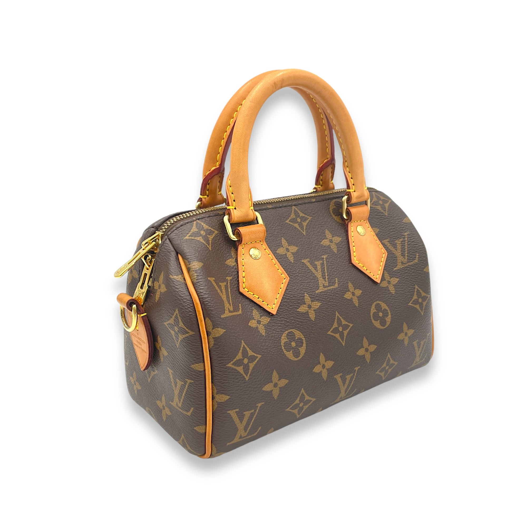 Speedy Bandouliere 20 Brown Top Handle Bag in Monogram Coated Canvas, Gold hardware