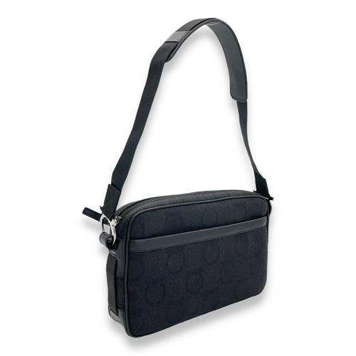 Gancini Shoulder Bag Black in Jacquard, Silver hardware