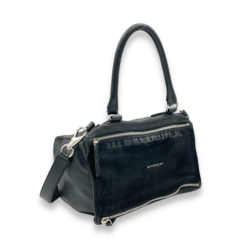 Pandora Medium Black Shoulder Bag in Ponyhair Lambskin, Silver hardware