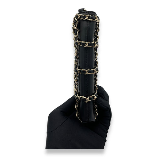 Tech Me Out Black Phone Holder in Lambskin, Gold hardware