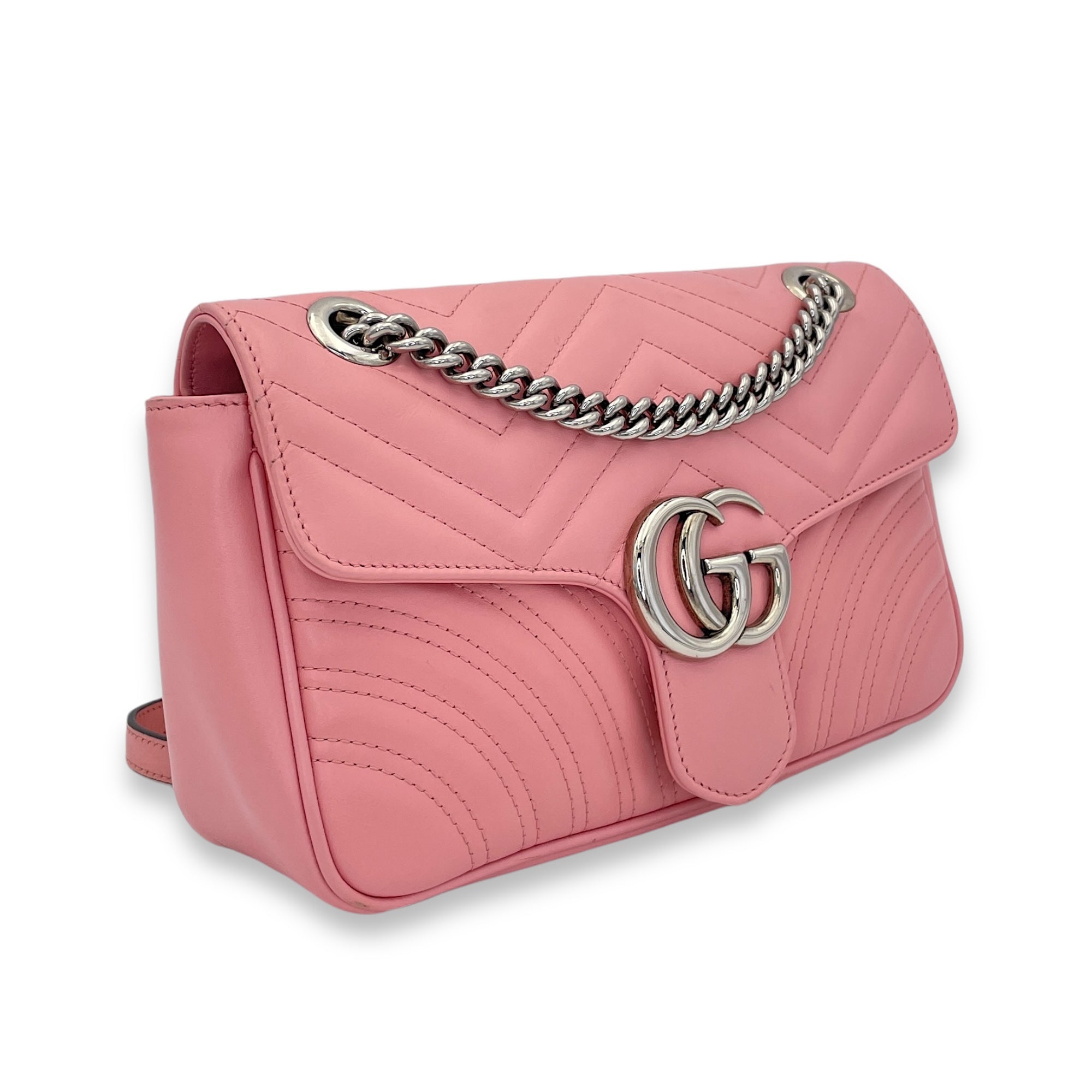 GG Marmont Small Pink Shoulder Bag in Calfskin, Silver hardware