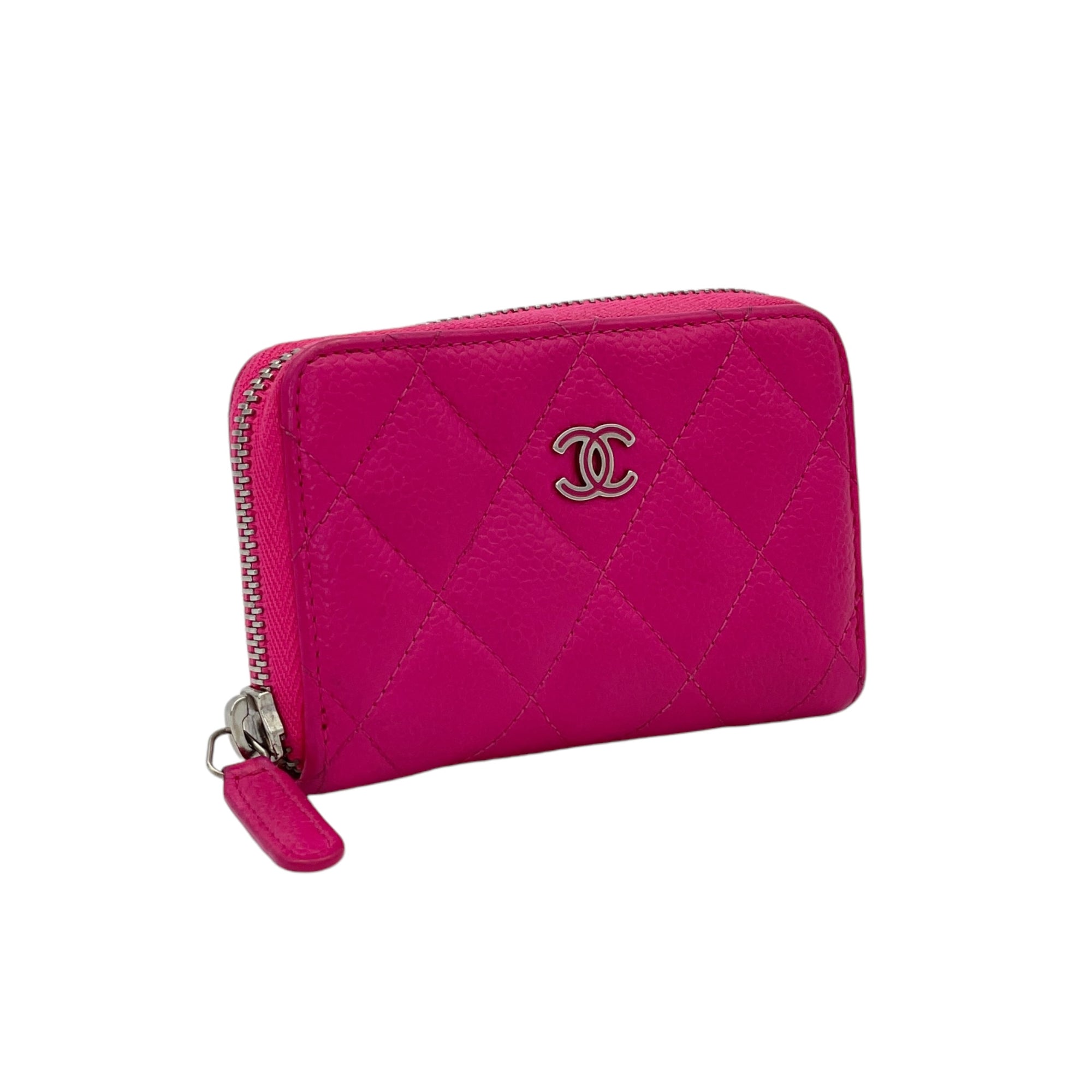 Quilted Timeless Compact Pink Wallet in Caviar Leather, Silver hardware