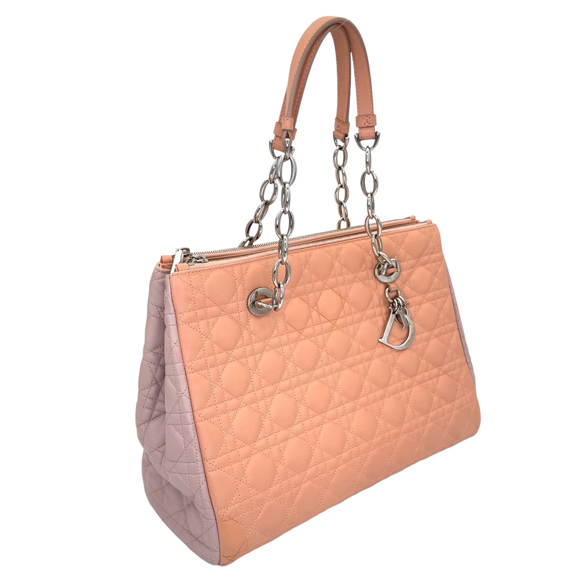 Cannage Top Handle Bag Medium Pink in Lambskin, Silver hardware