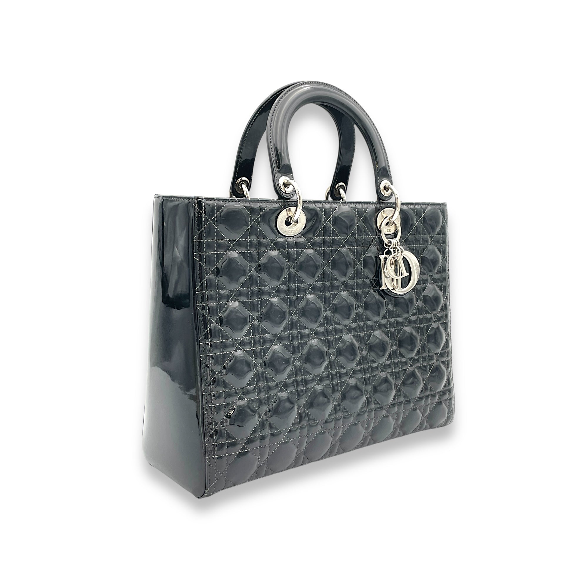 Lady Dior Large Top handle bag in Patent leather, Silver Hardware