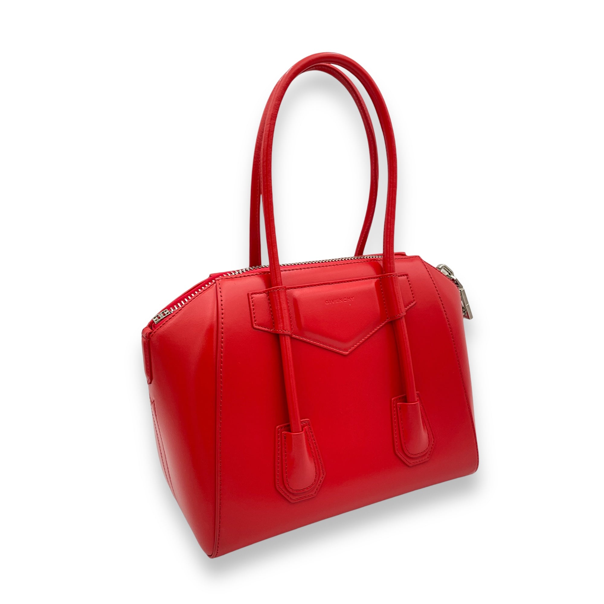 Lock Antigona Small Red Top Handle Bag in Calfskin, Silver hardware