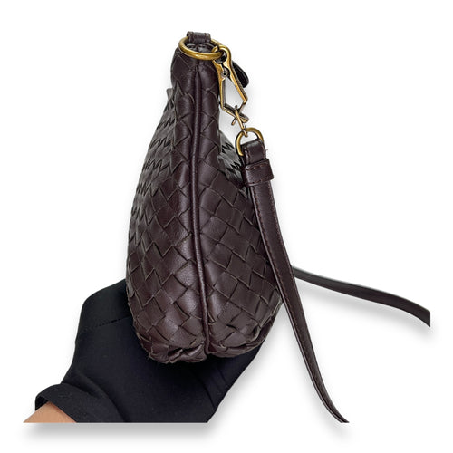 Messenger  Shoulder Bag Brown in Intrecciato Leather, Gold