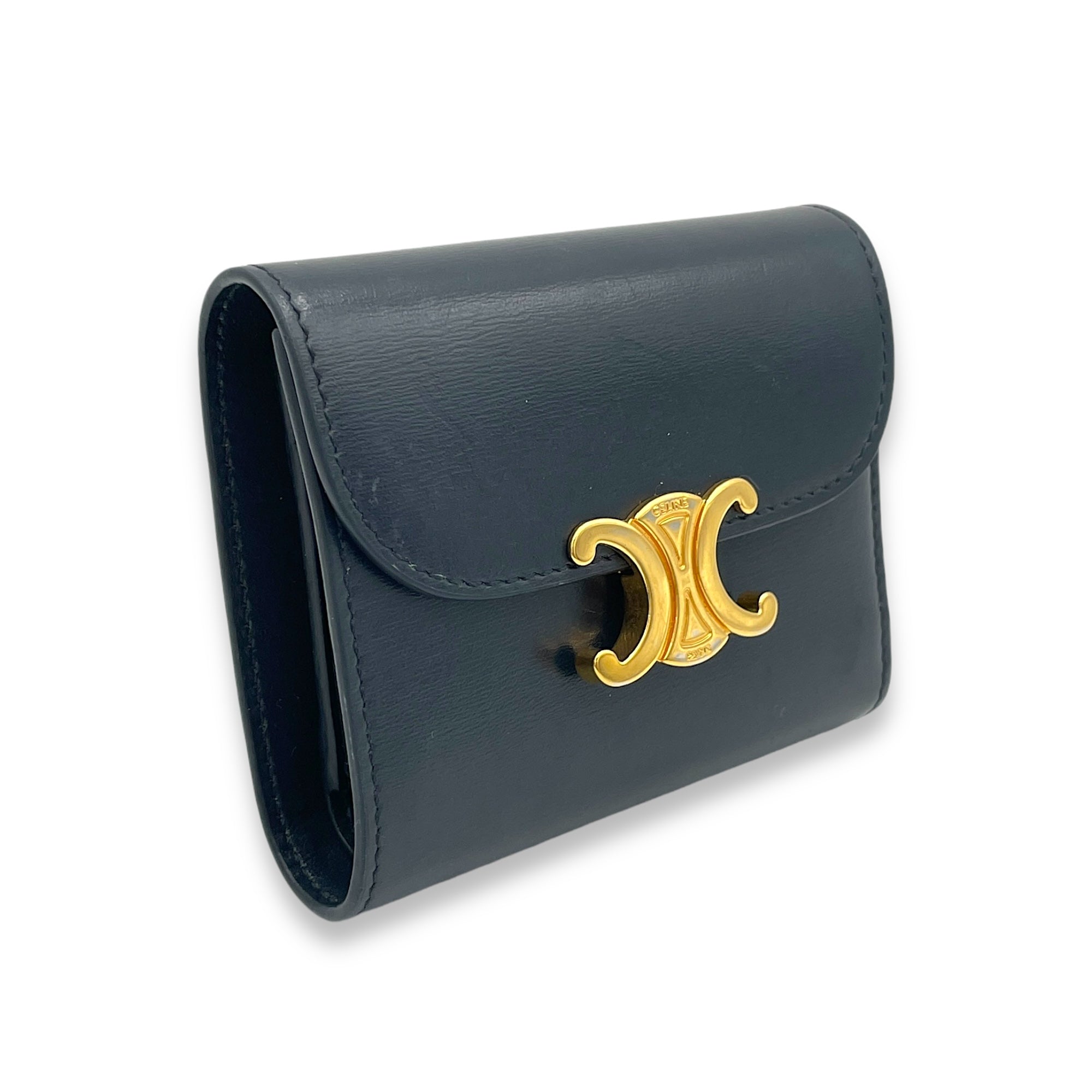 Triomphe Compact Blue Wallet in Calfskin, Gold hardware