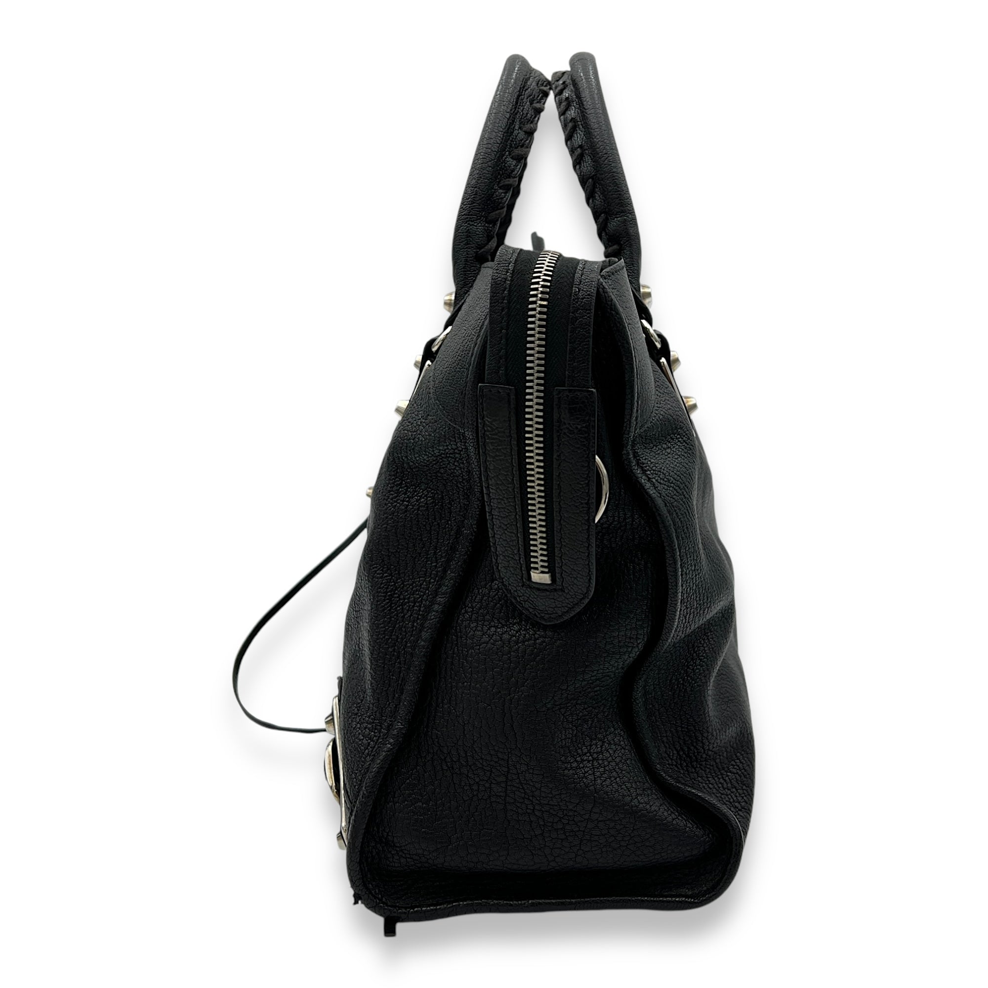 Metallic Edge City Top Handle Bag Black in Goat Leather, Silver hardware