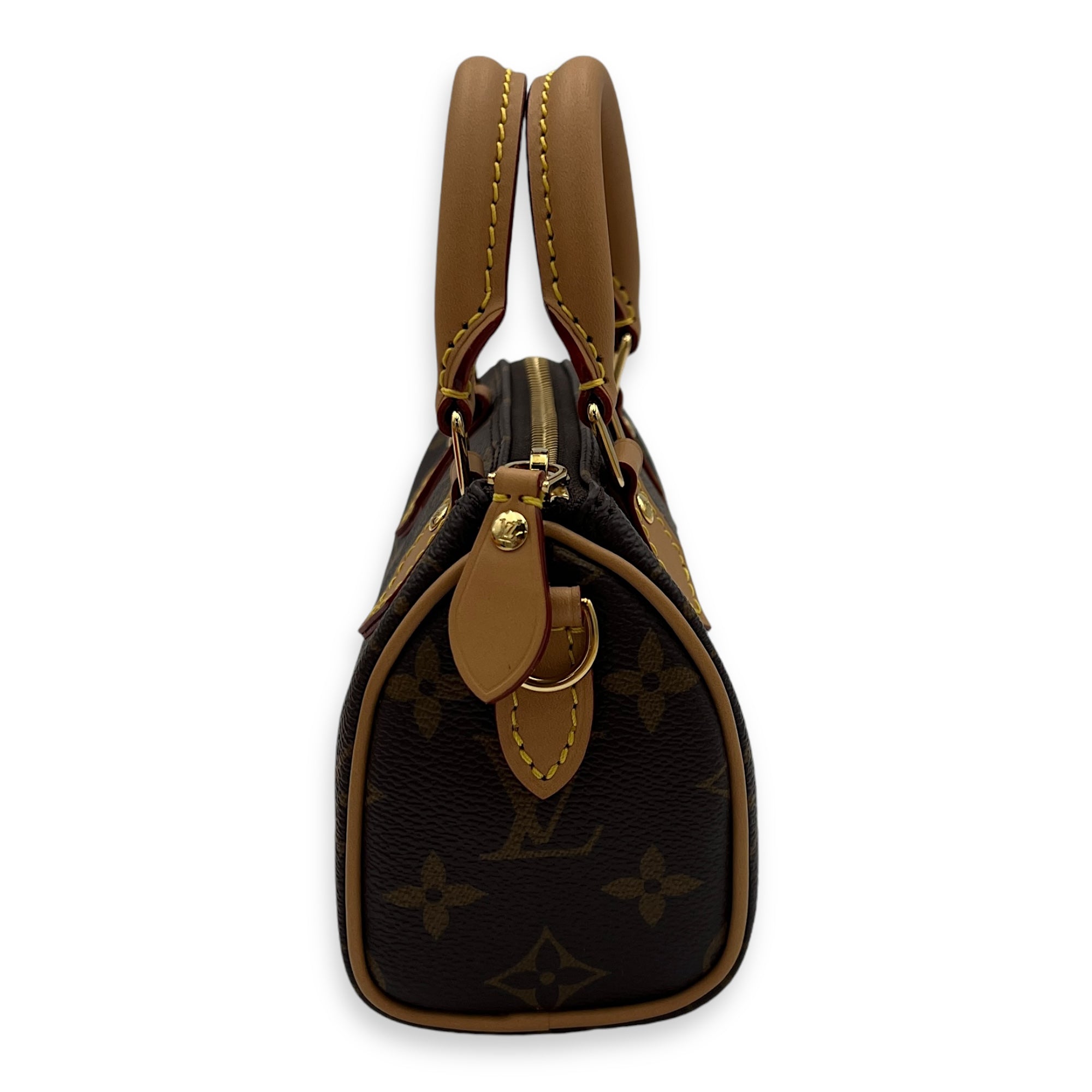 Speedy Bandouliere Nano Brown Top Handle Bag in Monogram Coated Canvas, Gold hardware