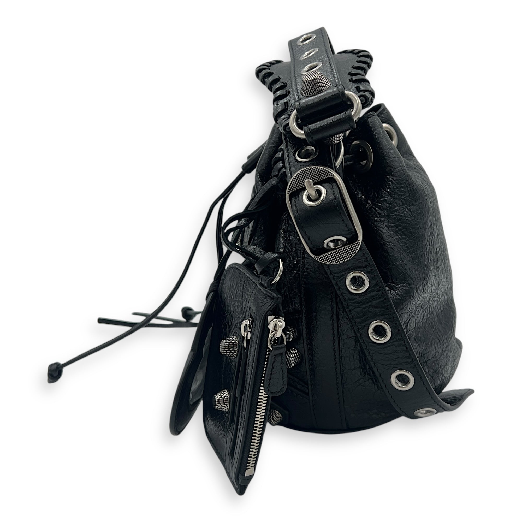 Le Cagole XS Black Bucket Bag in Lambskin, Silver hardware