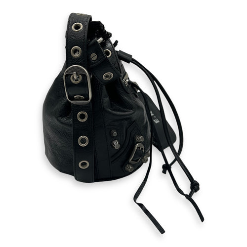 Le Cagole XS Black Bucket Bag in Distressed Leather, Silver hardware