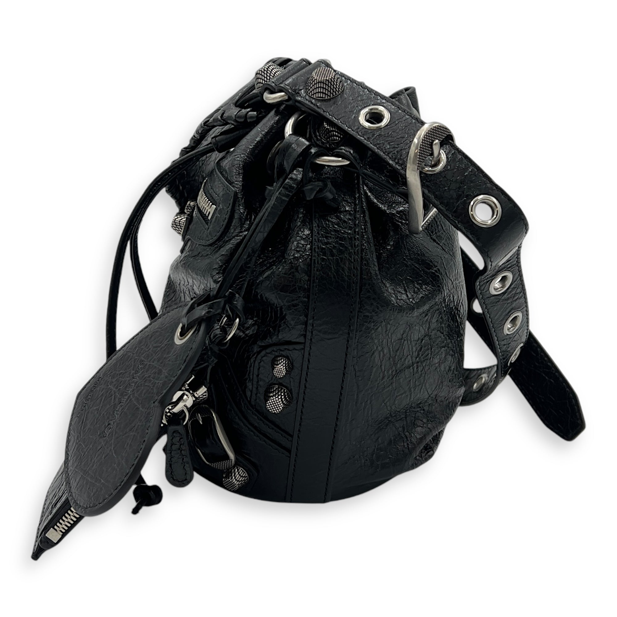 Le Cagole XS Black Bucket Bag in Distressed Leather, Silver hardware