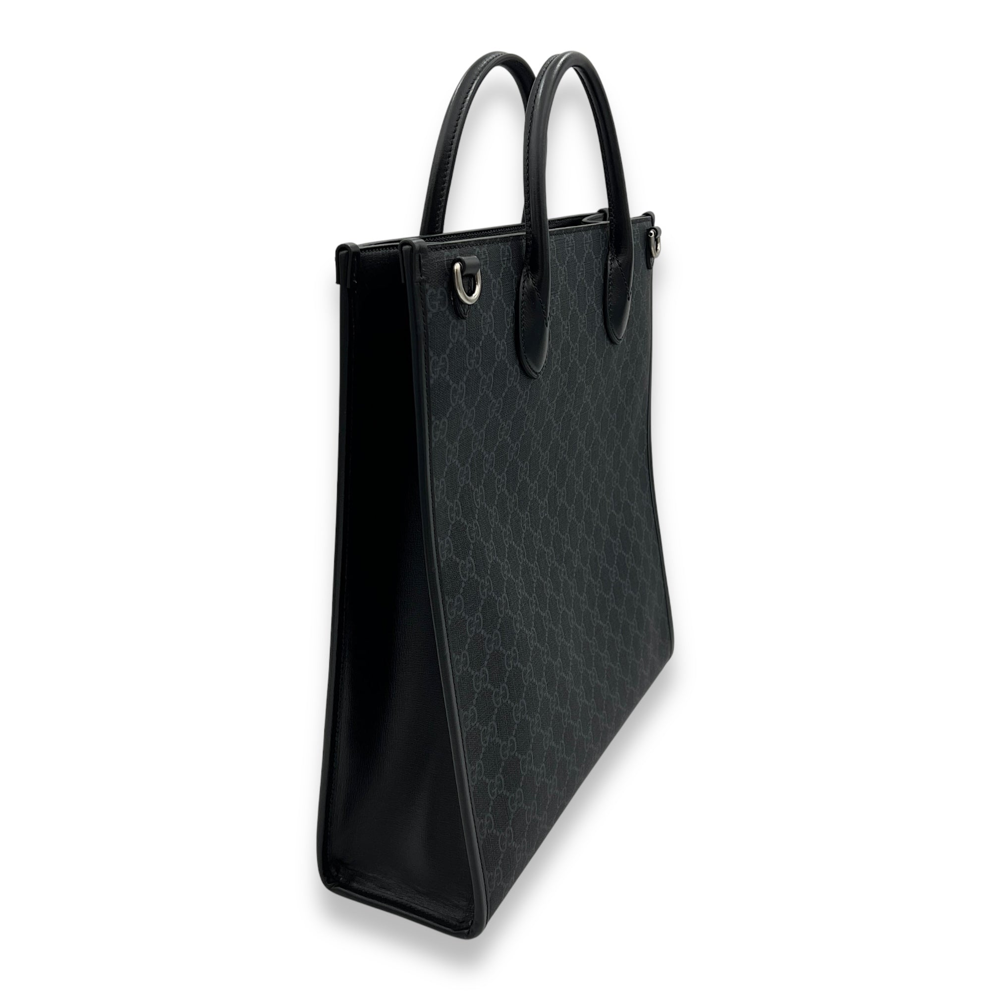 Interlocking G Tote Bag Medium Black in Monogram Coated Canvas, Silver hardware