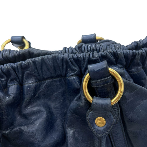 Vitello Lux Blue Top Handle Bag in Distressed Leather, Gold hardware