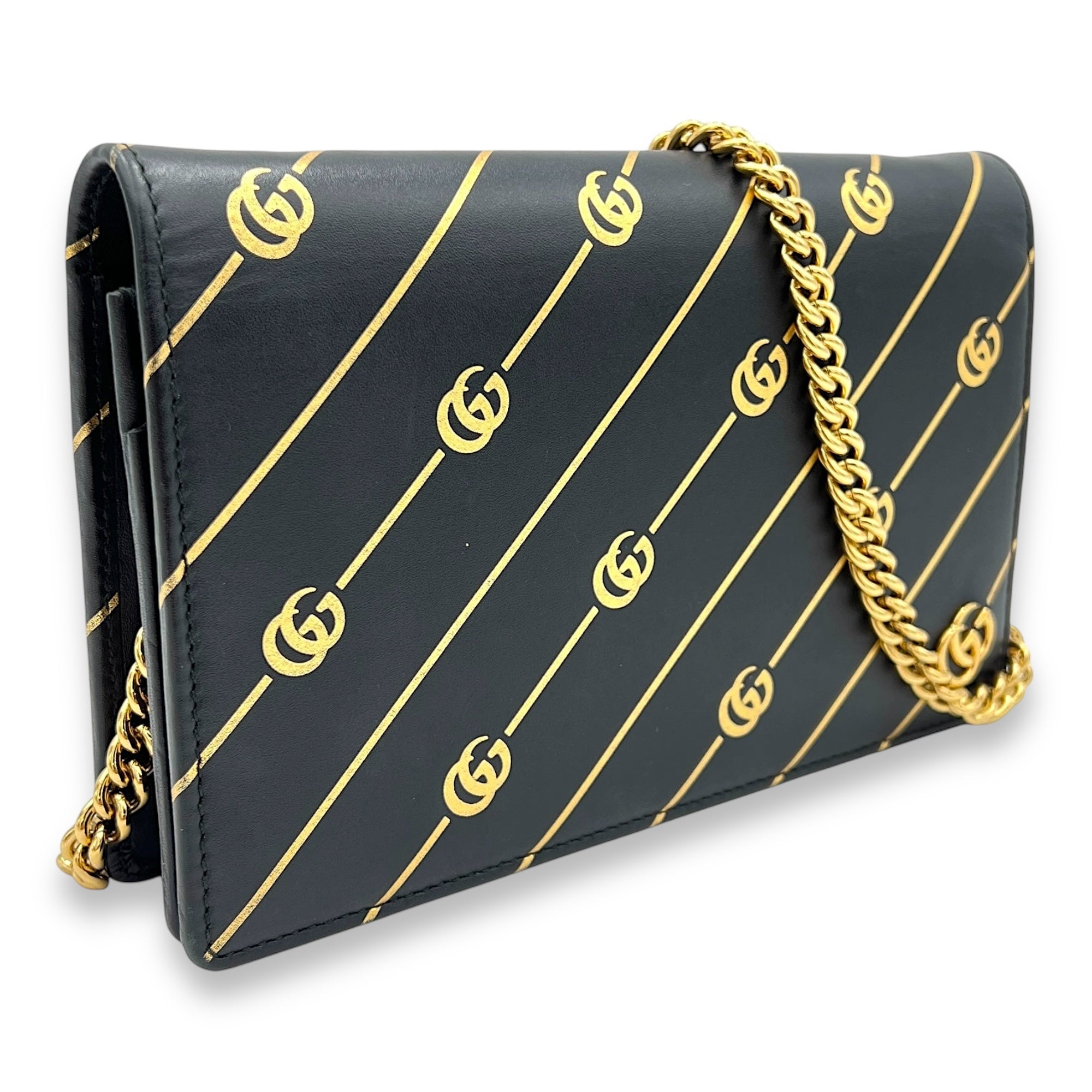 GG Black Wallet On Chain in Calfskin, Gold hardware